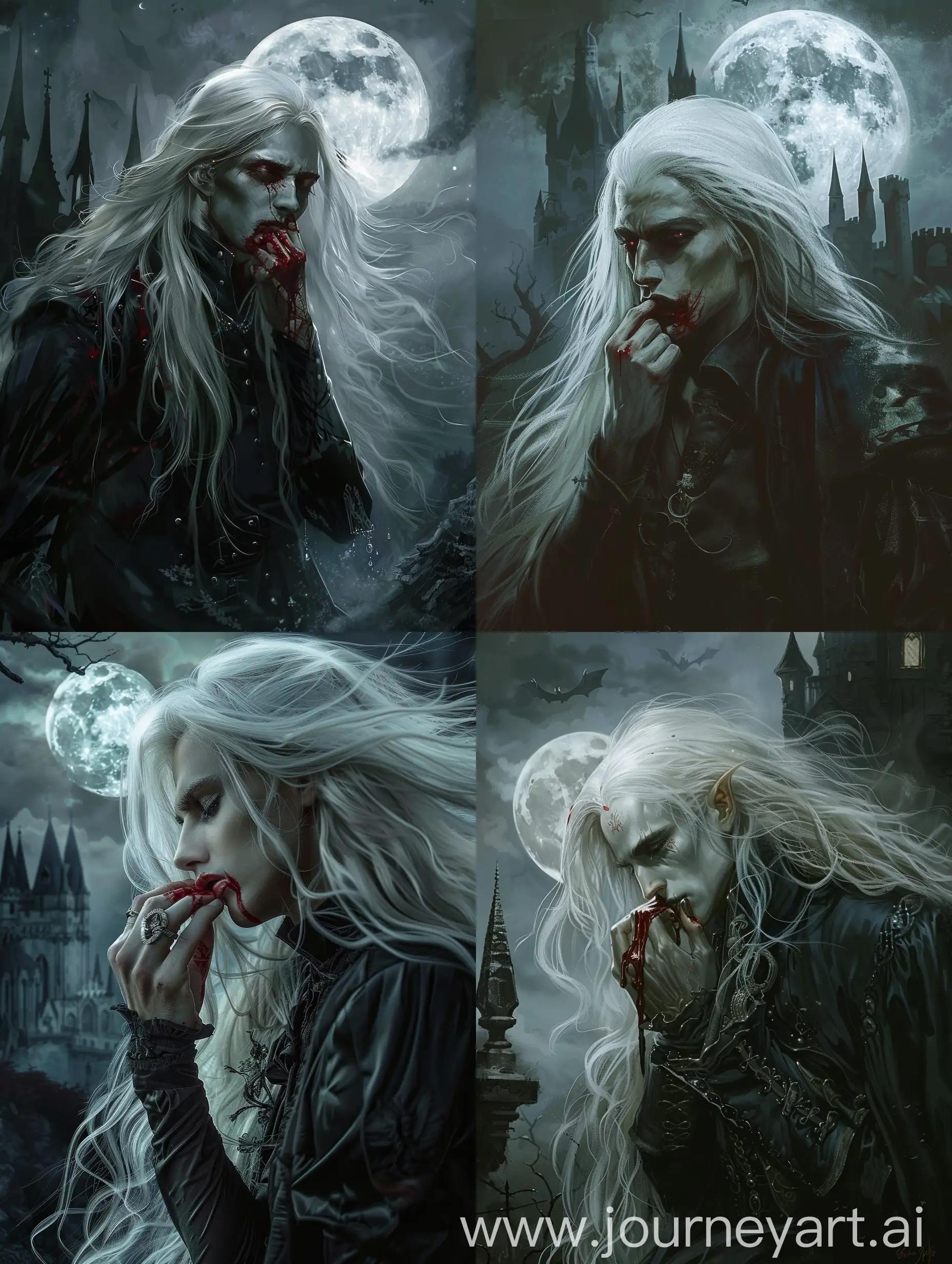 Молодой мужчина-вампир с длинными белыми волосами вытирает кровь с губ, на фоне полной луны и шпилей замка