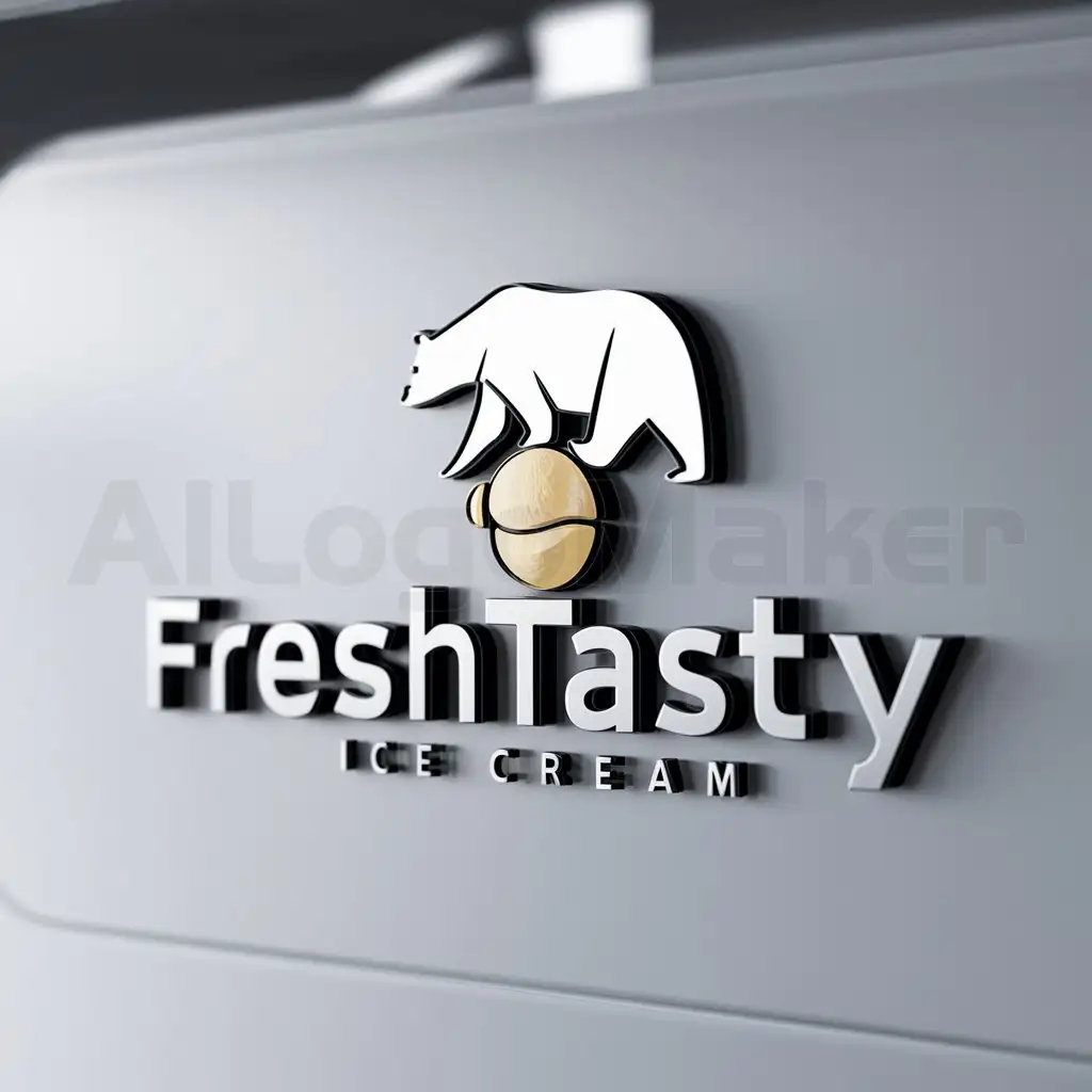 a logo design,with the text "FreshTasty", main symbol:White bear on ball of ice cream,Minimalistic,clear background