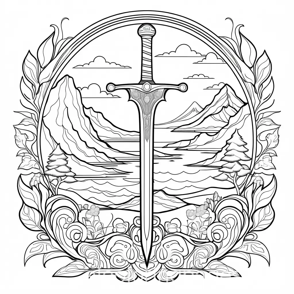 Create a black-and-white coloring book page featuring a sword in focus. The illustration should be in line art style with a solid white background. No shading, Coloring Page, black and white, line art, white background, Simplicity, Ample White Space. The background of the coloring page is plain white to make it easy for young children to color within the lines. The outlines of all the subjects are easy to distinguish, making it simple for kids to color without too much difficulty