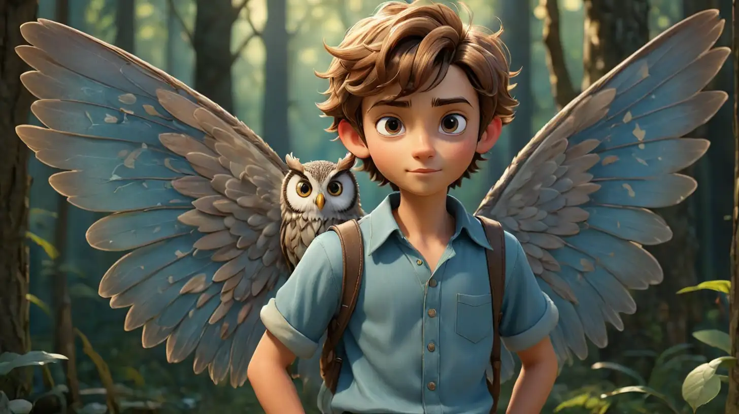Disney Style Boy Fairy with Large Wings in Forest Scene