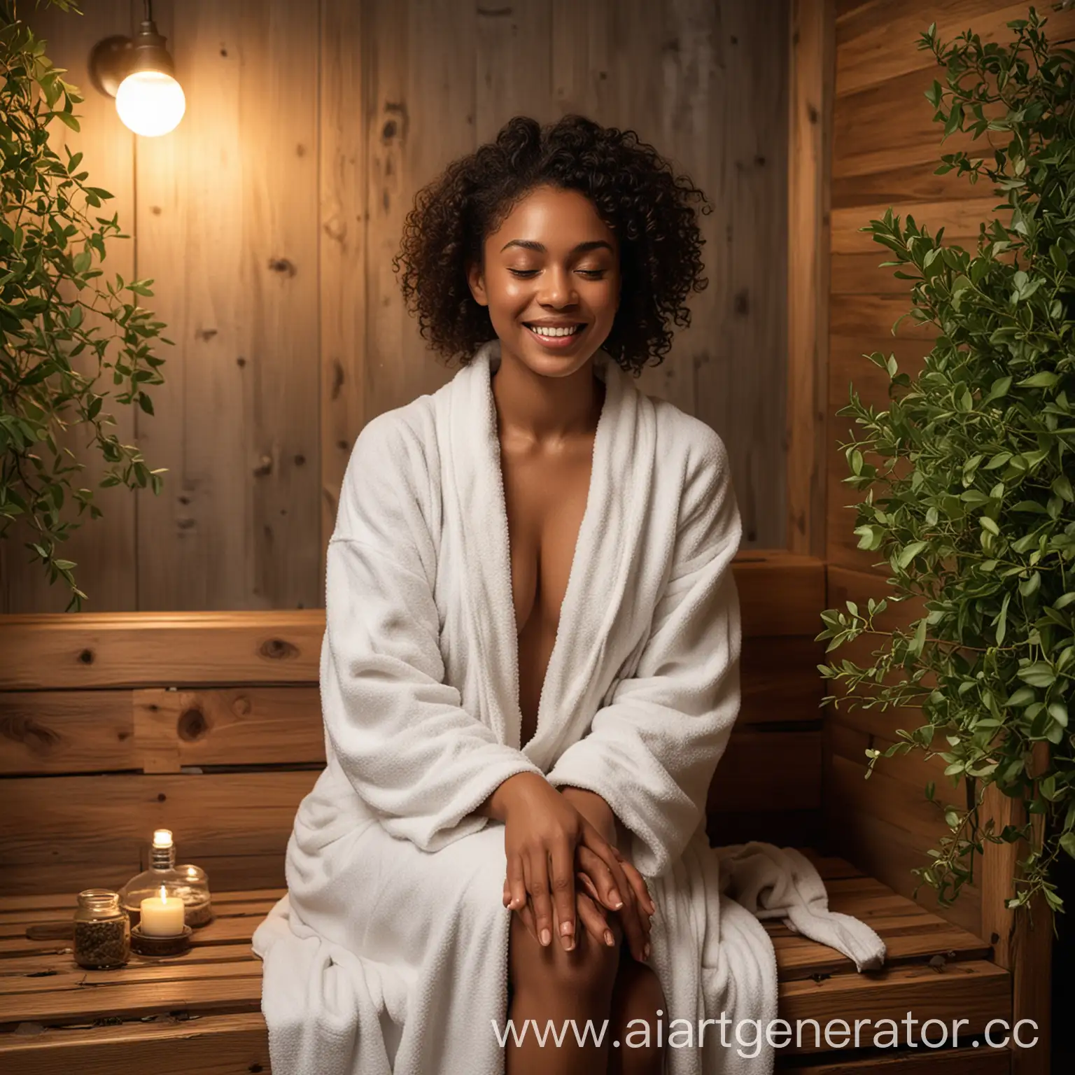 Relaxed-DarkSkinned-Woman-Enjoying-Steam-Room-Therapy-with-Oak-Branches