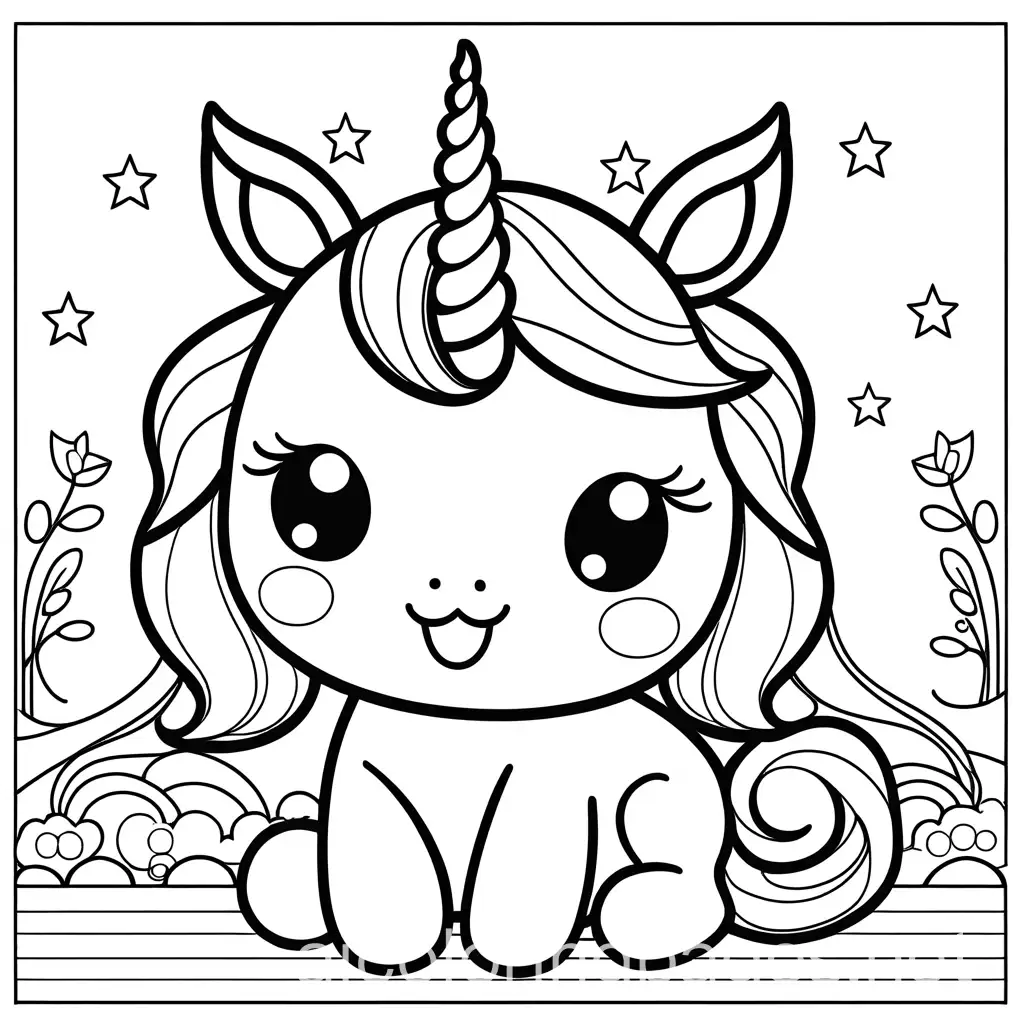 A pretty and cute unicorn With eyes closed and a big smile white background black lines only  for the drawing. Plenty white spaces in background. Whimsical and fun, Coloring Page, black and white, line art, white background, Simplicity, Ample White Space. The background of the coloring page is plain white to make it easy for young children to color within the lines. The outlines of all the subjects are easy to distinguish, making it simple for kids to color without too much difficulty