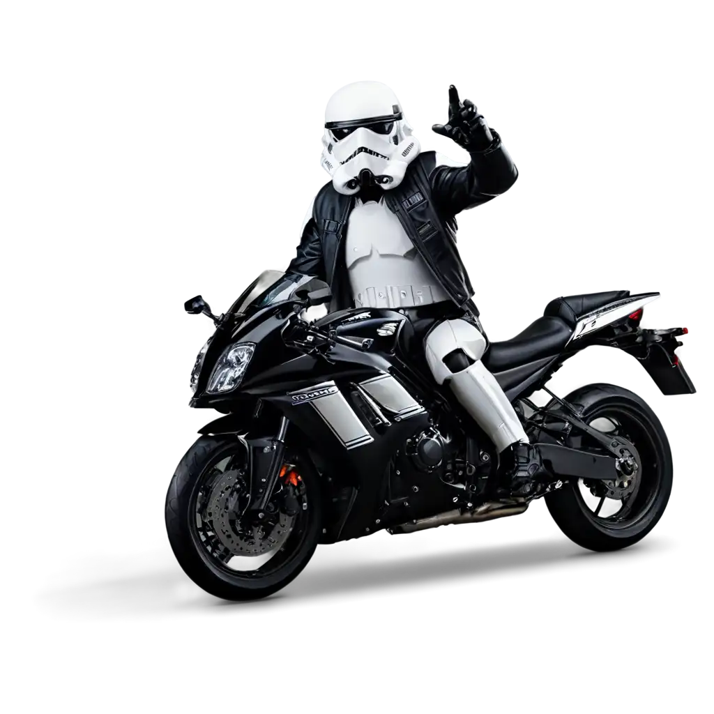 storm trooper in a leather jacket speeding on a kawasaki while doing the rock n roll handsign