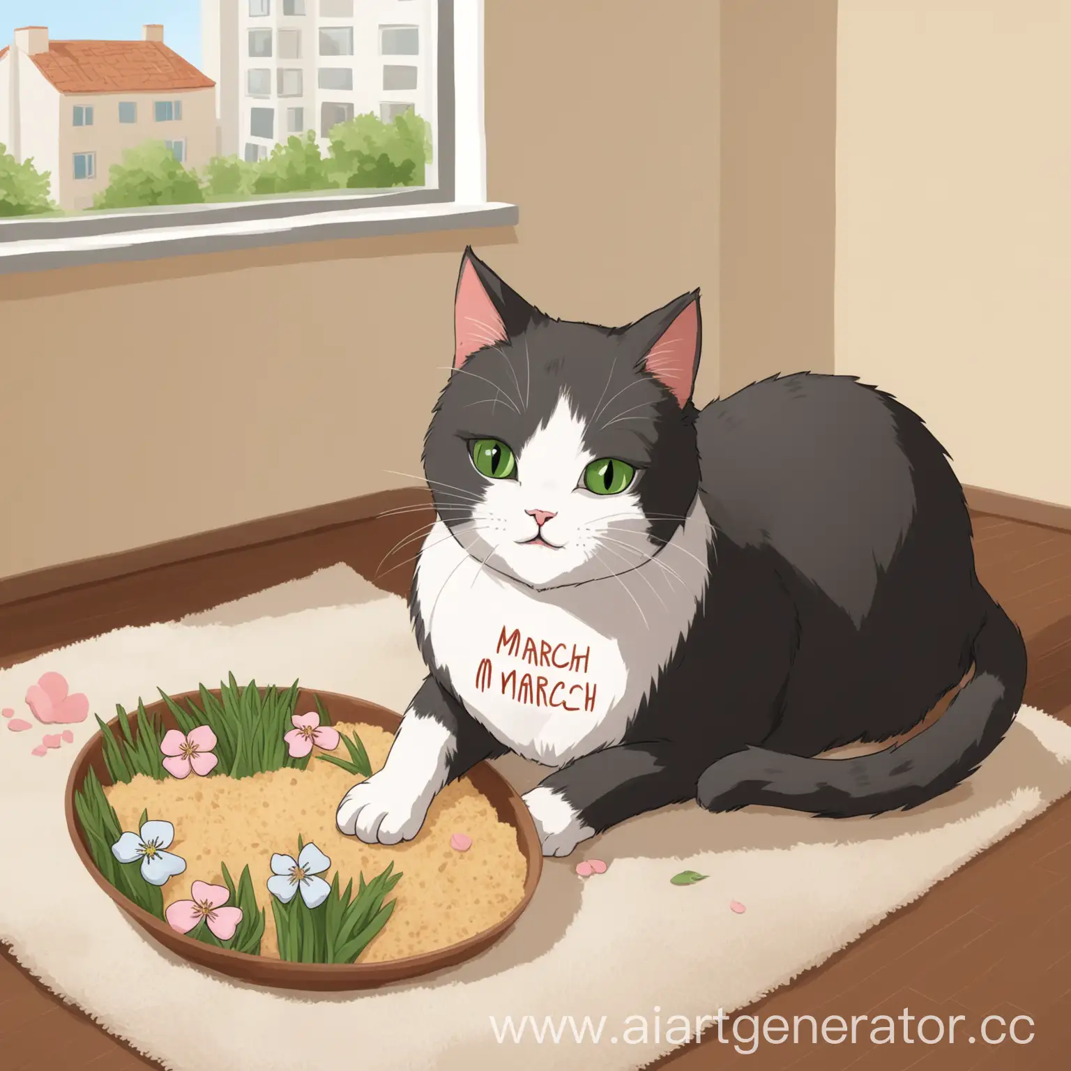 MarchThemed-Cat-Relaxing-in-Urban-Apartment-Near-Food