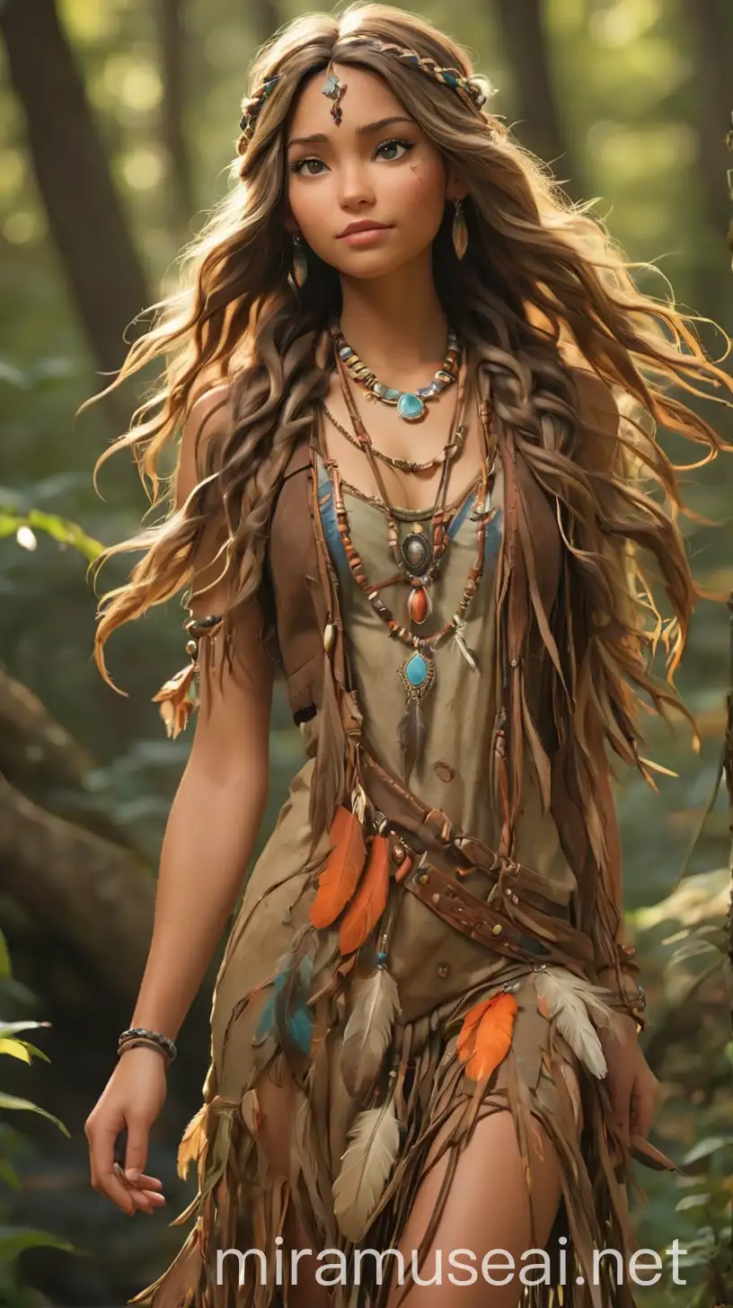 A free-spirited and ethereal young woman, with a deep connection to the natural world inherited from her mother, Pocahontas. She has long flowing hair the color of rich earth, cascading down her back in loose waves, adorned with feathers and beads that dance in the wind. Willow's eyes are a warm brown, reflecting the wisdom and strength of her Native American heritage. Her skin is sun-kissed and radiant, with a natural glow that evokes the warmth of the earth. Her outfit embodies a fusion of 2020s naturecore, earth punk, and bohemian aesthetics, with elements of her Native American heritage woven throughout. She wears a flowing maxi dress in earthy tones of deep greens, rustic oranges, and sandy beiges, adorned with intricate patterns inspired by Native American textiles and beadwork. The dress is crafted from sustainable fabrics and adorned with feathers, shells, and natural elements collected from the forest and riverbanks, adding to its bohemian charm. Willow layers the dress with a fringed suede jacket in warm brown, adding a touch of earthy sophistication to her ensemble. On her feet, she wears leather sandals adorned with feathers and beads, ensuring both style and comfort for her outdoor adventures. Willow accessorizes with jewelry crafted from natural materials such as turquoise, coral, and silver, each piece imbued with meaning and significance. In her hair, she wears a headband woven from braided leather and adorned with feathers and beads, adding a touch of Native American flair to her ensemble. Willow's makeup is natural and understated, with a hint of bronzer to accentuate her features and a swipe of lip balm for a subtle touch of color. Overall, Willow Riverwind exudes an aura of natural beauty and harmony, blending elements of nature, heritage, and bohemian style in her captivating fashion choices. 
