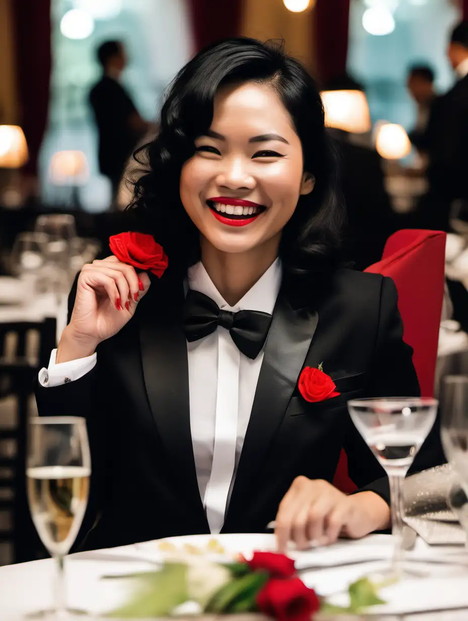 30 year old smiling and laughing Vietnamese woman with shoulder length black hair and bright red lipstick wearing a tuxedo with a black bow tie. (Her shirt cuffs have cufflinks). Her jacket has a corsage. She is at a dinner table.