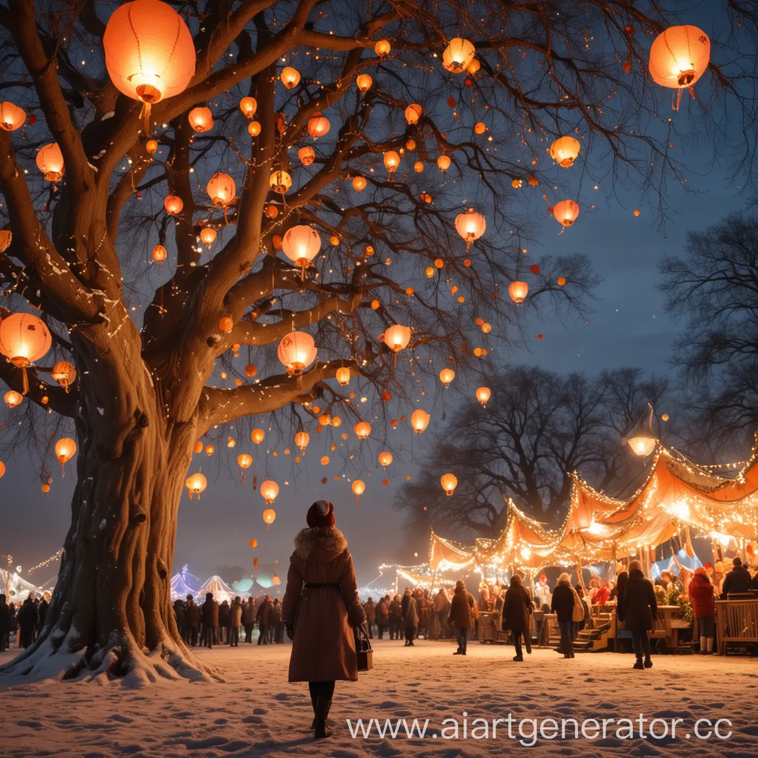 Girl-Named-BigEye-at-Winter-Fair-with-Flying-Lanterns-and-Giant-Oak-Tree