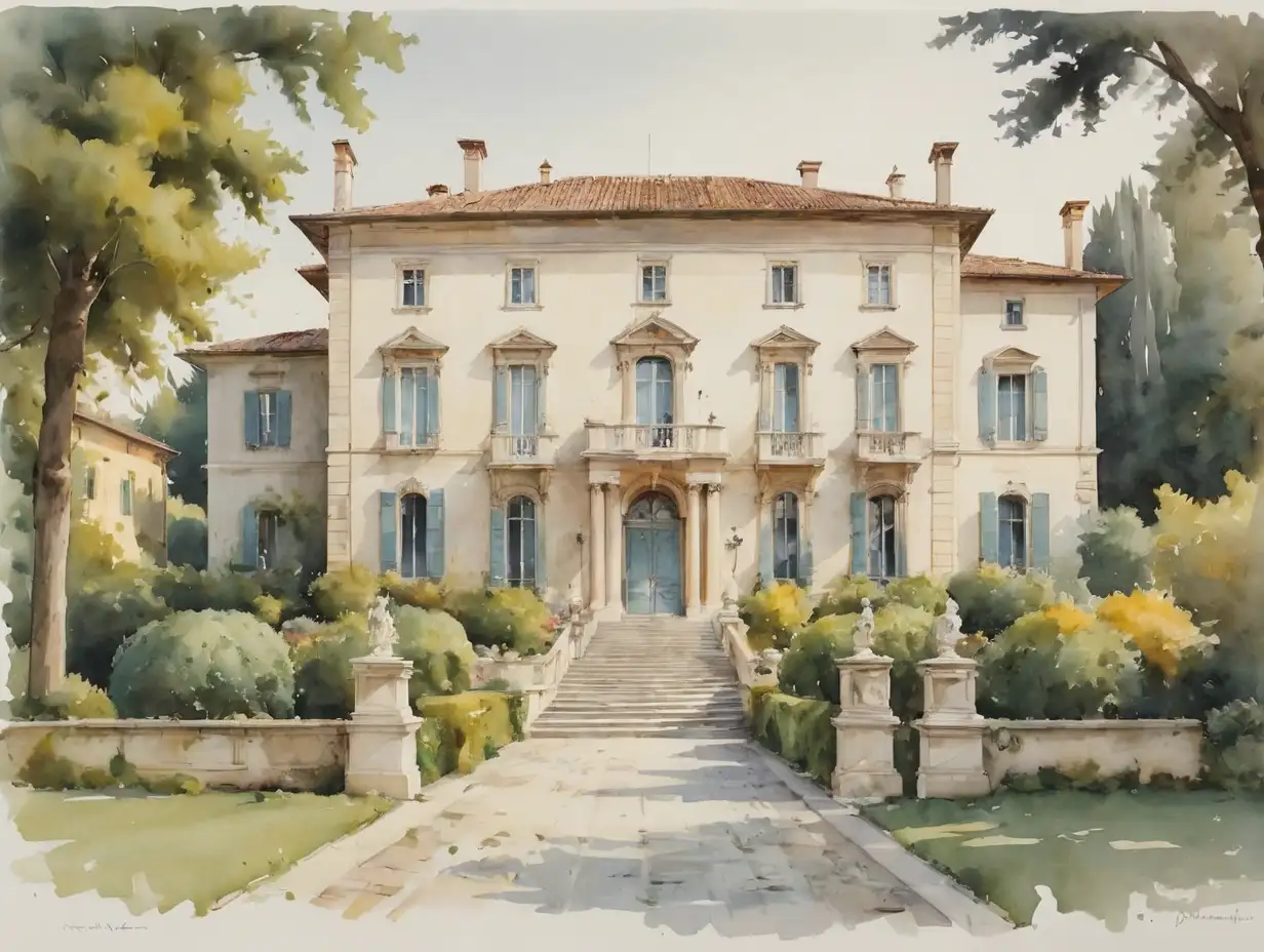 Watercolor-Painting-of-White-Front-Villa-Mosconi-Bertani-on-White-Background