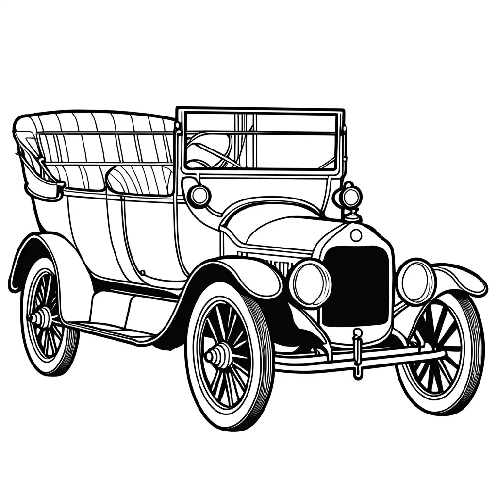 four-cylinder Dodge Model 30-35 touring car, which was introduced in 1914 coloring page, Coloring Page, black and white, line art, white background, Simplicity, Ample White Space. The background of the coloring page is plain white to make it easy for young children to color within the lines. The outlines of all the subjects are easy to distinguish, making it simple for kids to color without too much difficulty