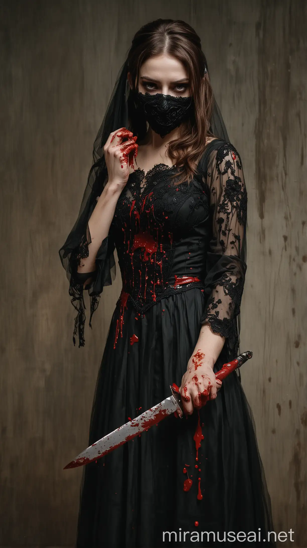 Mysterious Woman in Black Bridal Dress Holding a Bloody Knife