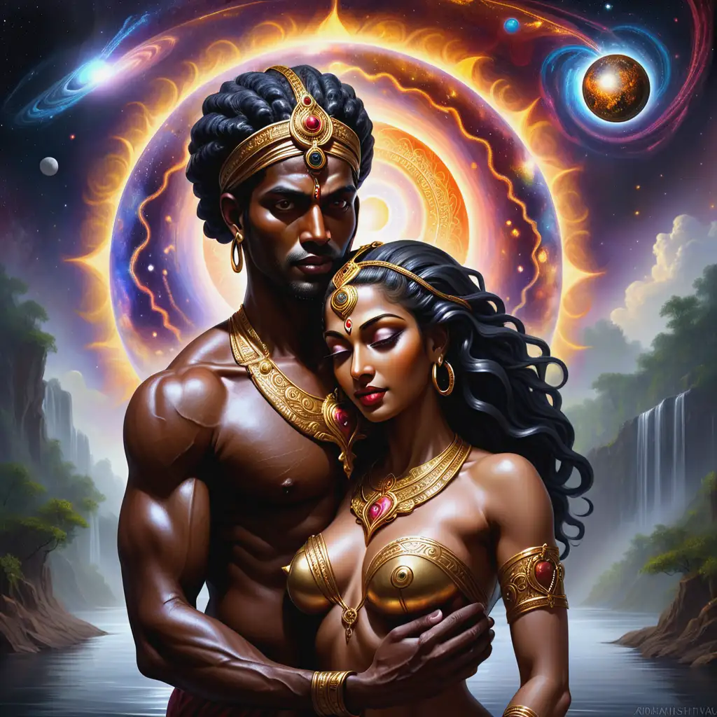 handsome black half-man, beautiful goddess black half-woman combined together in shoulder length portrait. Ardhanarishvara  black woman on right side and the black man on the left side. on the black woman's side ,the right side, she has a beautiful streaming river flowing through her from her breast to her lips. On the man's side , the left side , inside of the man is a dark, yet colorful galaxy with planets orbiting around the sun. the man and woman are sharing one brain and the same heart. the heart is made of a gold lock streaming rivers and galaxy that represents the veins throughout the body.  Ardhanarishvara. sun eclipse in the background