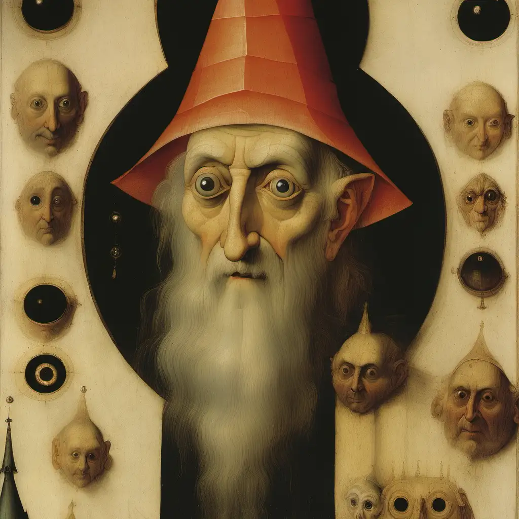 Eccentric Wizard with Wide Eyes Bosch Painting Depicting CloseUp