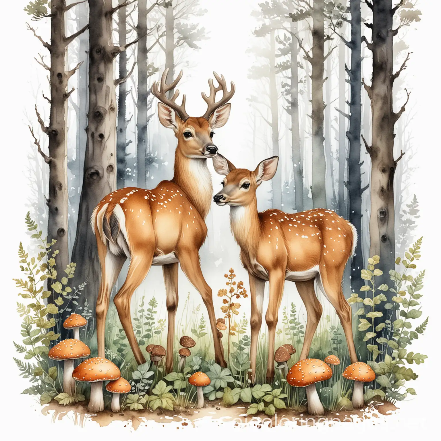 Vintage forest Deer and Fawn with small mushrooms Watercolour Illustration, Coloring Page, black and white, line art, white background, Simplicity, Ample White Space. The background of the coloring page is plain white to make it easy for young children to color within the lines. The outlines of all the subjects are easy to distinguish, making it simple for kids to color without too much difficulty