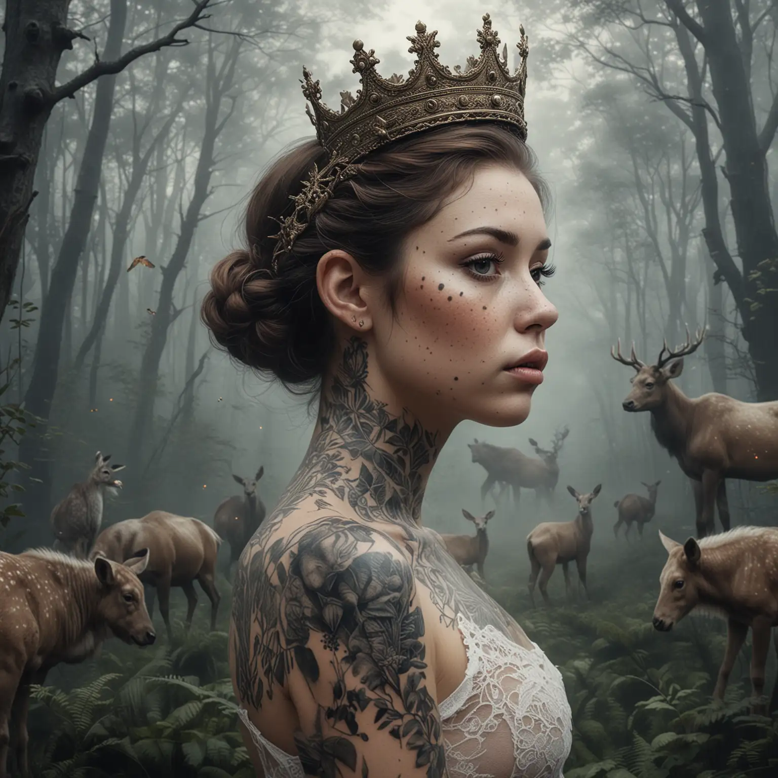 foggy background forest, with very detailed various animals, one very realistic looking to the side with crisp face with light freckles, very detailed delicate tattoos, extremely detailed royal crown and light on her, dramatic