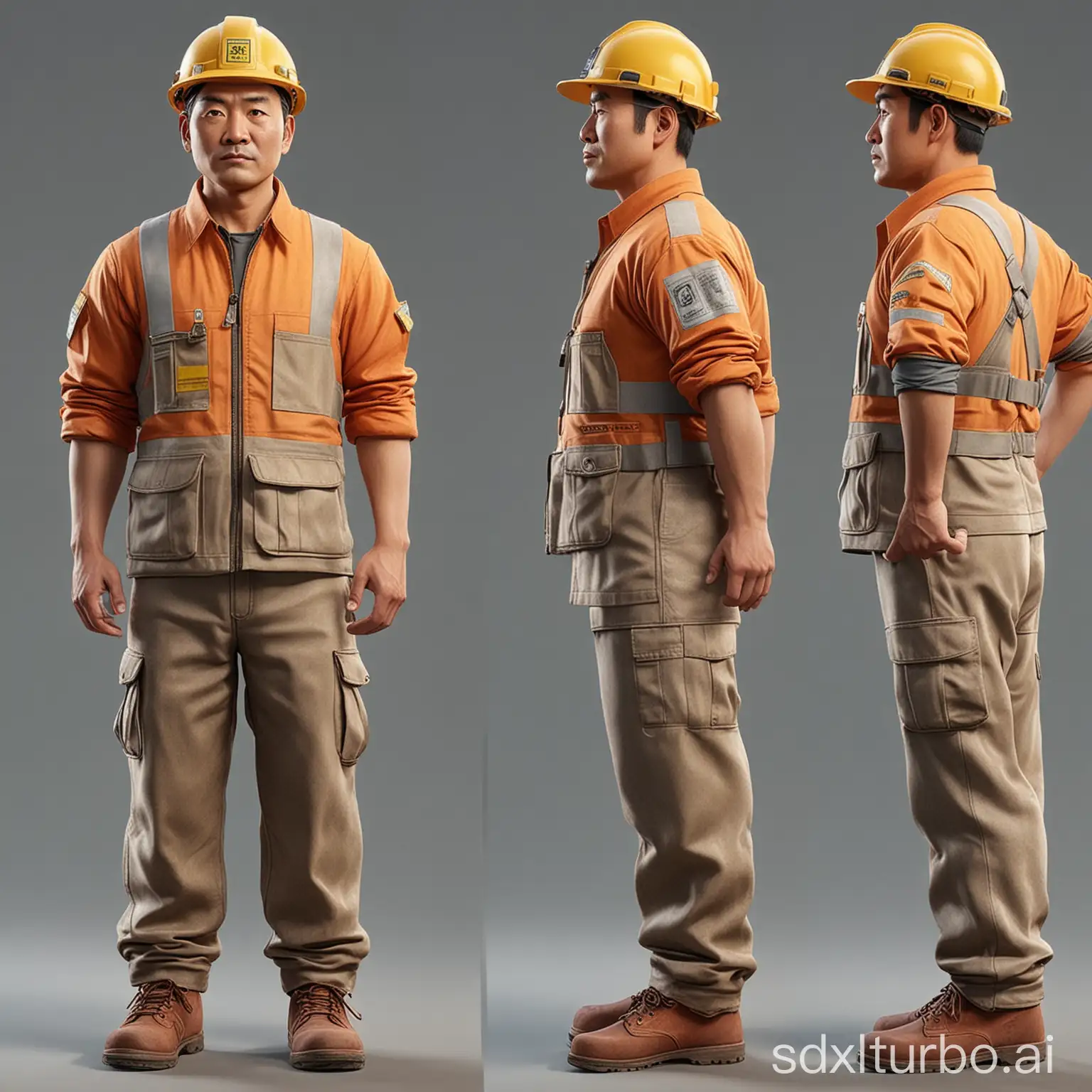 Please design for me a digital character of a Third Line Construction Worker, Chinese, male, with age and attire that matches the image of China's 1970s Third Line Construction, preferably with a front-facing and a side-facing image.