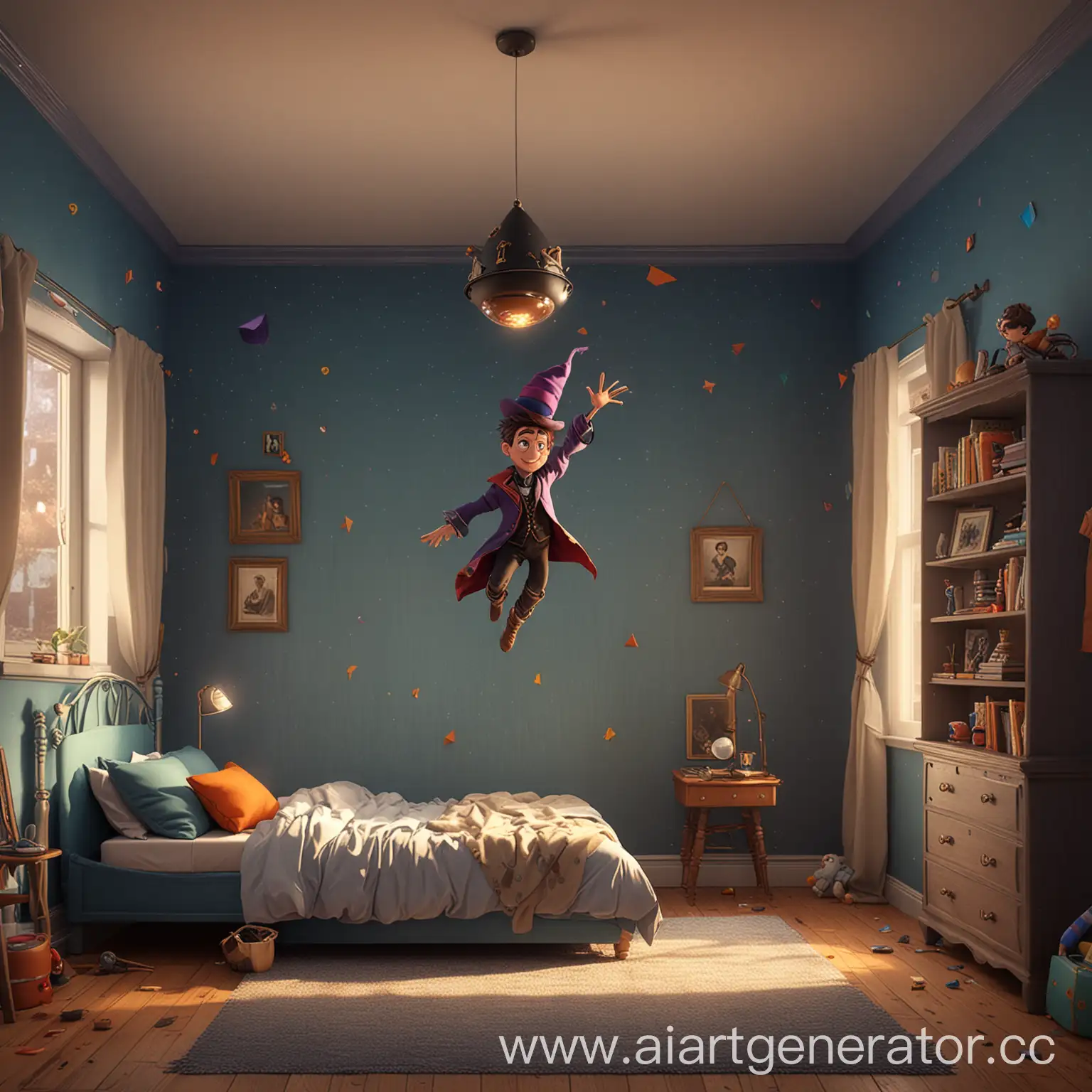 3D изображение парящего сказочного мага в стилистике мультика Pixar, фон гипер реалистичная детская комната в квартире