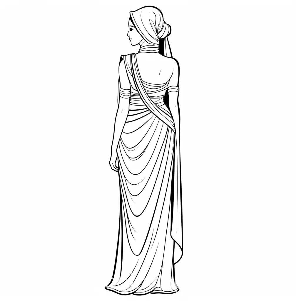 arab female with backless toga, Coloring Page, black and white, line art, white background, Simplicity, Ample White Space, Coloring Page, black and white, line art, white background, Simplicity, Ample White Space. The background of the coloring page is plain white to make it easy for young children to color within the lines. The outlines of all the subjects are easy to distinguish, making it simple for kids to color without too much difficulty