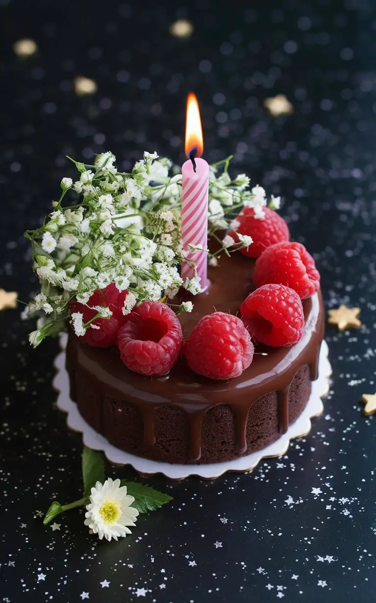 праздничный маленький шоколадный торт с клубникой и тонкой свечкой и букет белых цветов  на красивом темном фоне  с  блестками