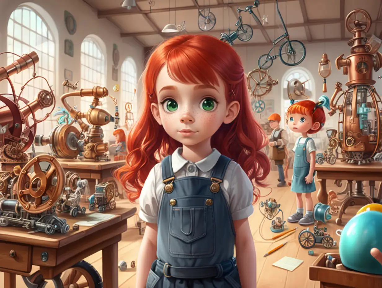 A little girl with red hair  inventor in a huge  room full of random  childrens inventions
