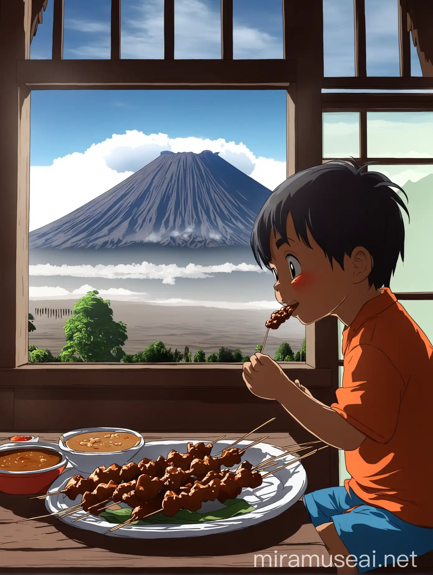 animated little boy eating satay ,inside the house with the view of Mount Bromo Indonesia in the window