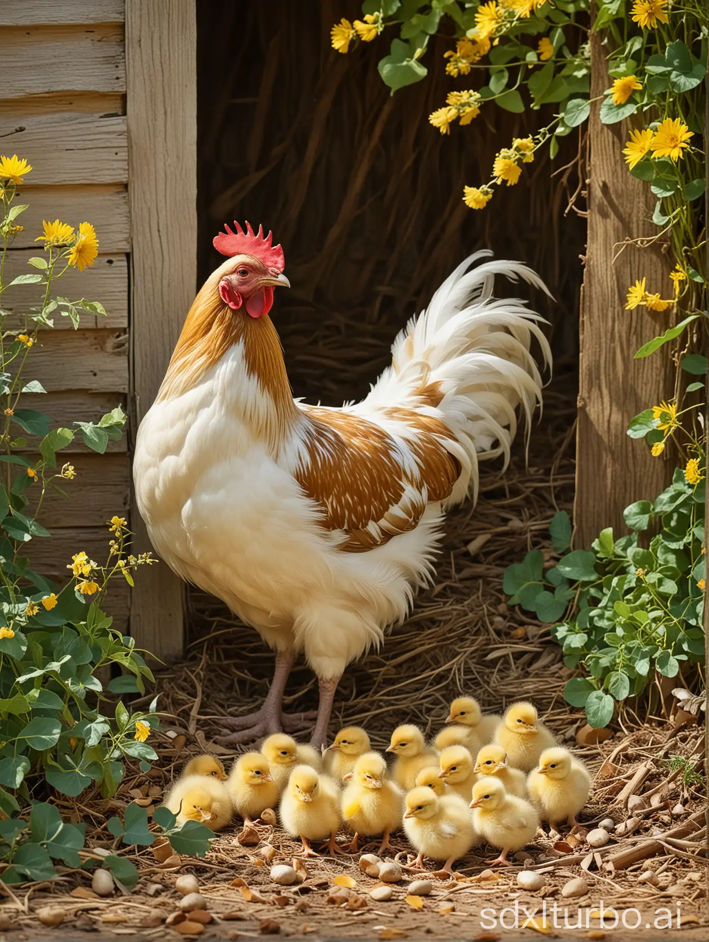 Imagine an idyllic country scene where a proud hen and her chicks are nestled together. The hen, with her golden feathers shining in the sun, keeps a close eye on her chicks. The chicks, a tangle of soft, fluffy feathers, curiously explore their world, pecking at small insects and grains.

They are nestled in a sunny corner of the yard, surrounded by a profusion of wildflowers. The air is filled with the sound of their soft clucks and the rustling of leaves in the wind. The setting is one of tranquility and peace, a perfect image of farm life. It's a scene that evokes a sense of simplicity and joy, a reminder of the ongoing cycle of life.