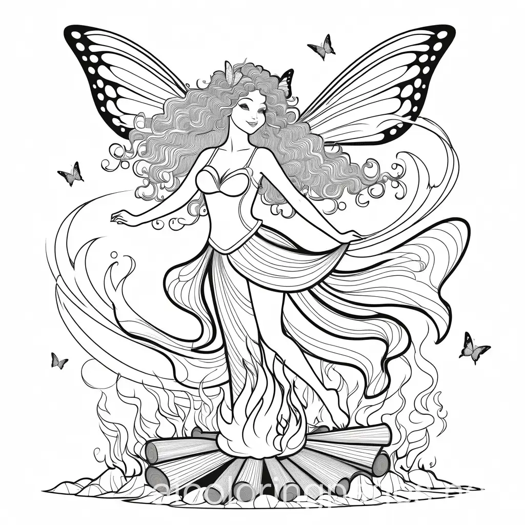 a beautiful fairy with big curly hair and butterfly wings dancing while flying around a bonfire, Coloring Page, black and white, line art, white background, Simplicity, Ample White Space