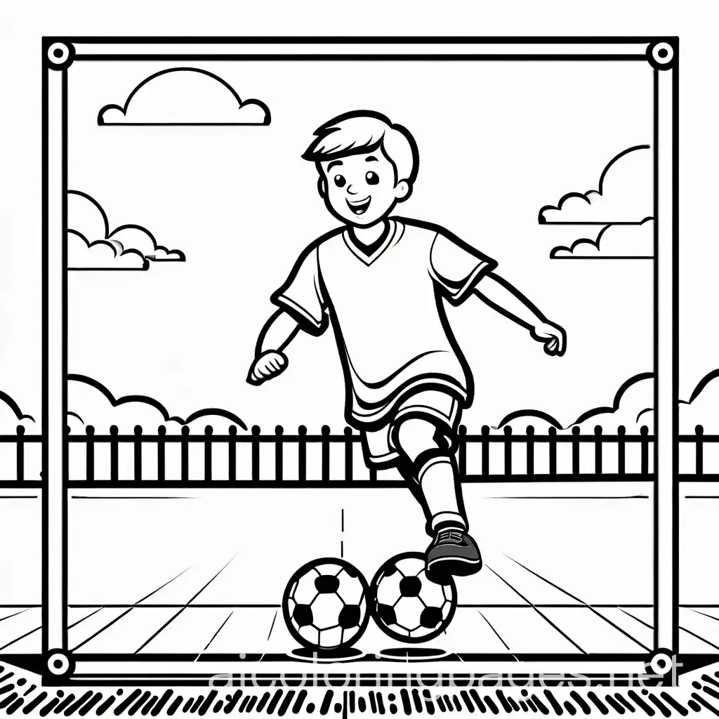 a boy playing soccer on a soccer field , Coloring Page, black and white, line art, white background, Simplicity, Ample White Space. The background of the coloring page is plain white to make it easy for young children to color within the lines. The outlines of all the subjects are easy to distinguish, making it simple for kids to color without too much difficulty