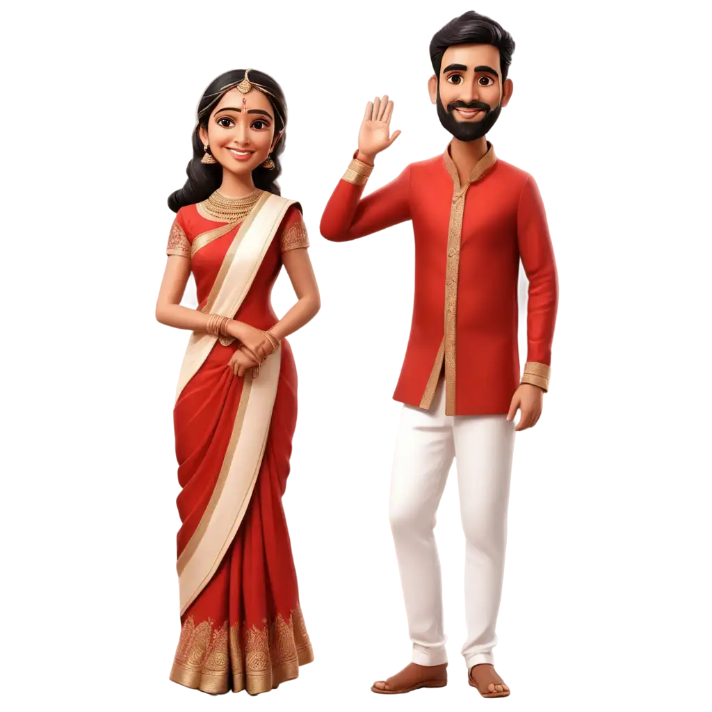 south indian wedding caricature in redish outfit of bride in saree and groom in white lungi 