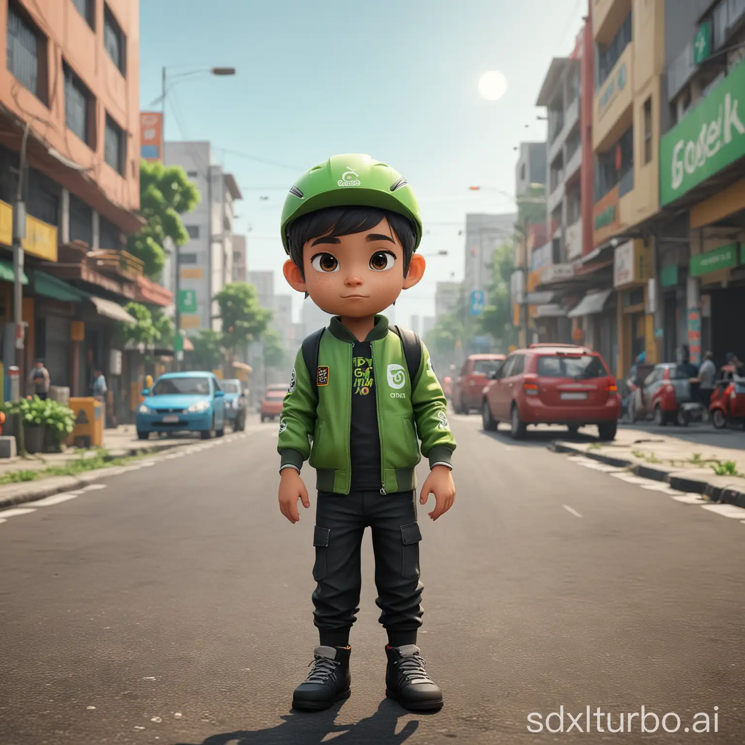 Little child gojek driver, game character, stands at full height