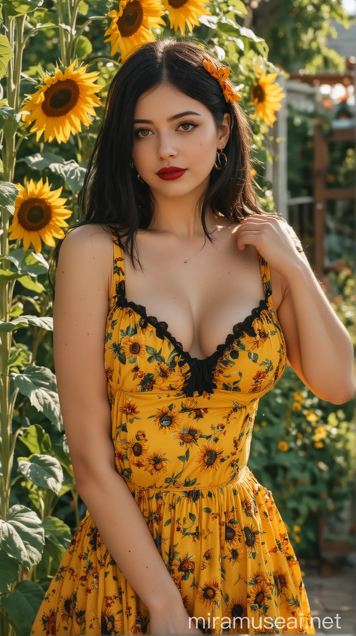 4k Ai art hands on face beautiful USA girl black hair hair ribbon red lipstick nose ring ear tops yellow and orange dress and black bra and big round tits in usa sunflower garden pavilion