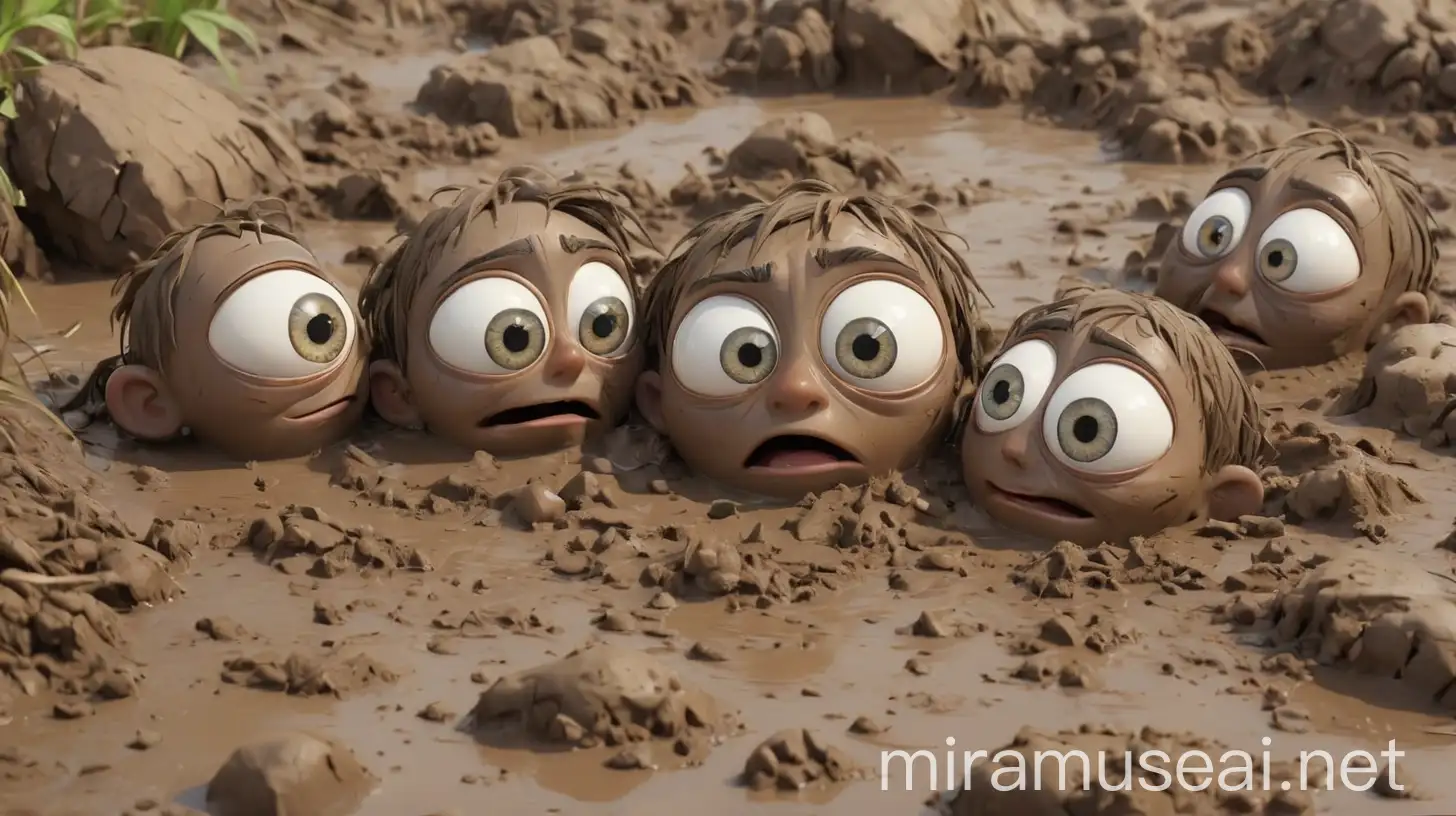 2D cartoon, eyes in the mud, multiple posses