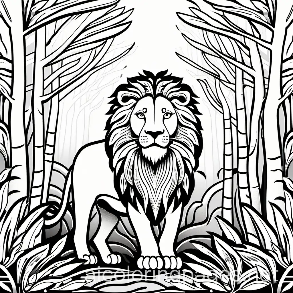 LION IN THE FOREST JUST EASY, Coloring Page, black and white, line art, white background, Simplicity, Ample White Space