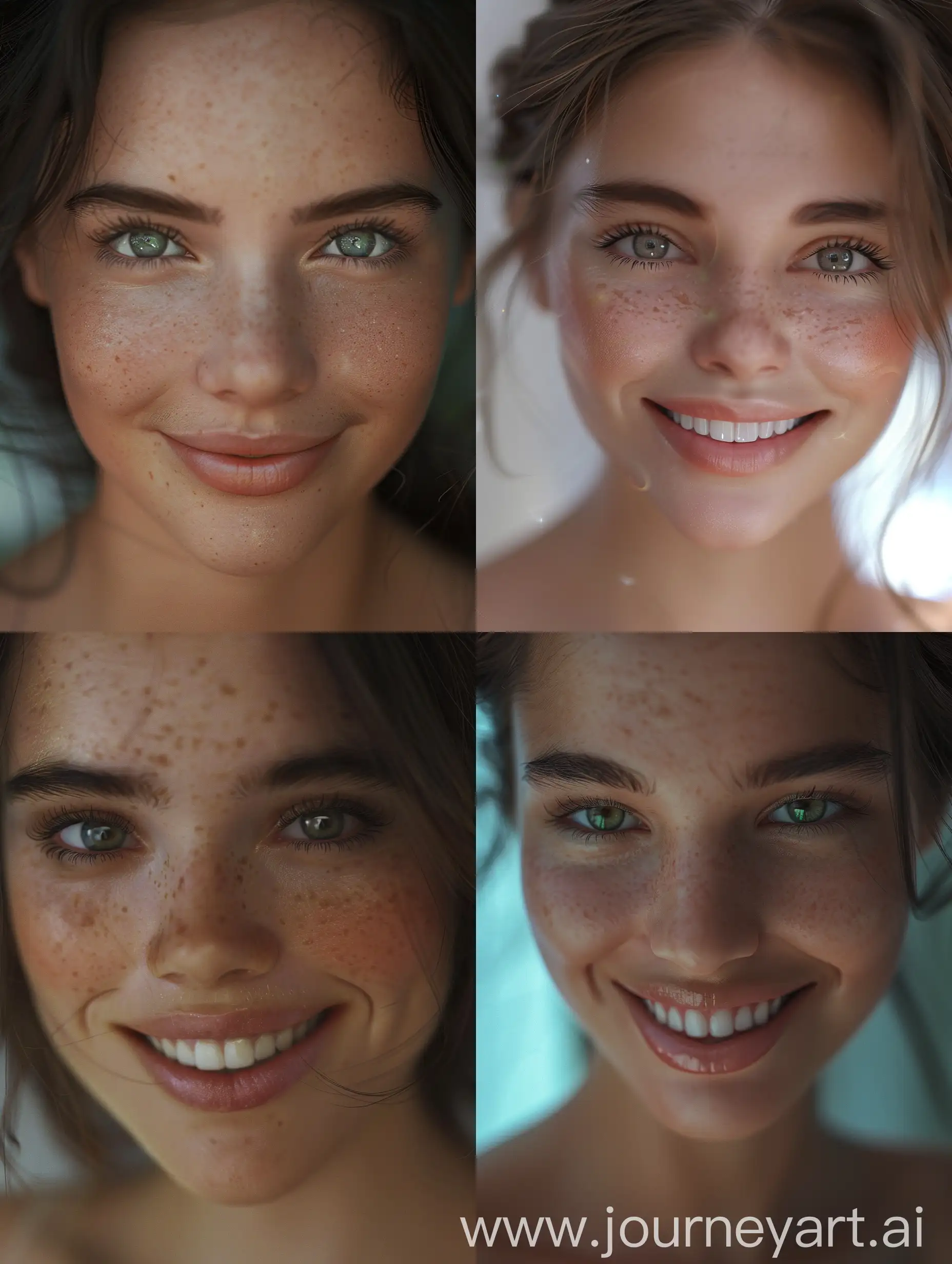 Realistic close-up of a beautiful and wonderful woman, very young, 18 years old, serrated smile, beautiful realistic eyes, beautiful hair, upright posture, inspired by a homely and modern woman, eyes piercing the camera lens, sharp focus, luminescent, video of High definition quality, exquisitely detailed, UHD 8K