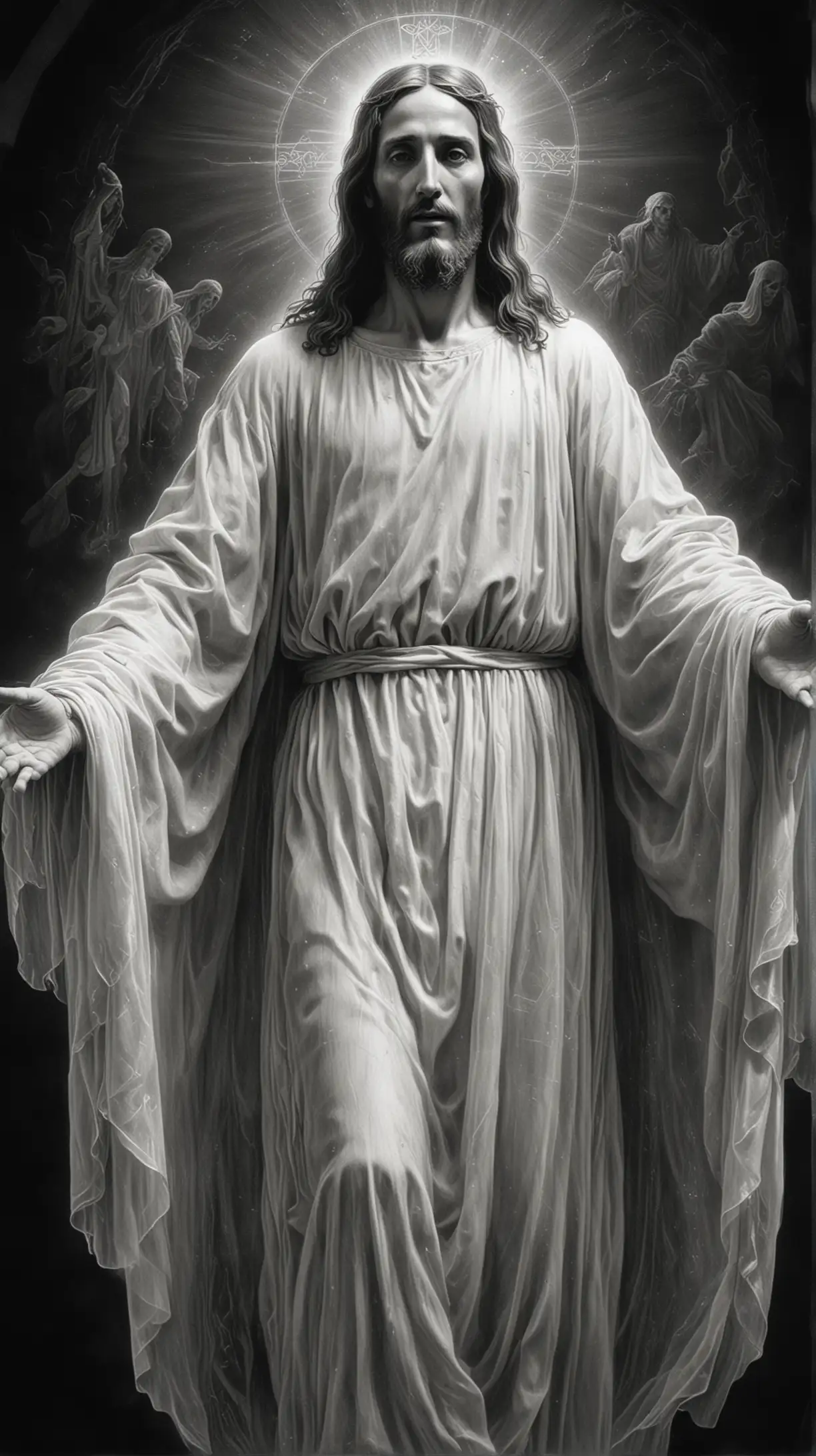  the luminous transparent ghost of a Jesus Christ, in the style of an illustration by ghost, black and white engraving, hyperdetailed