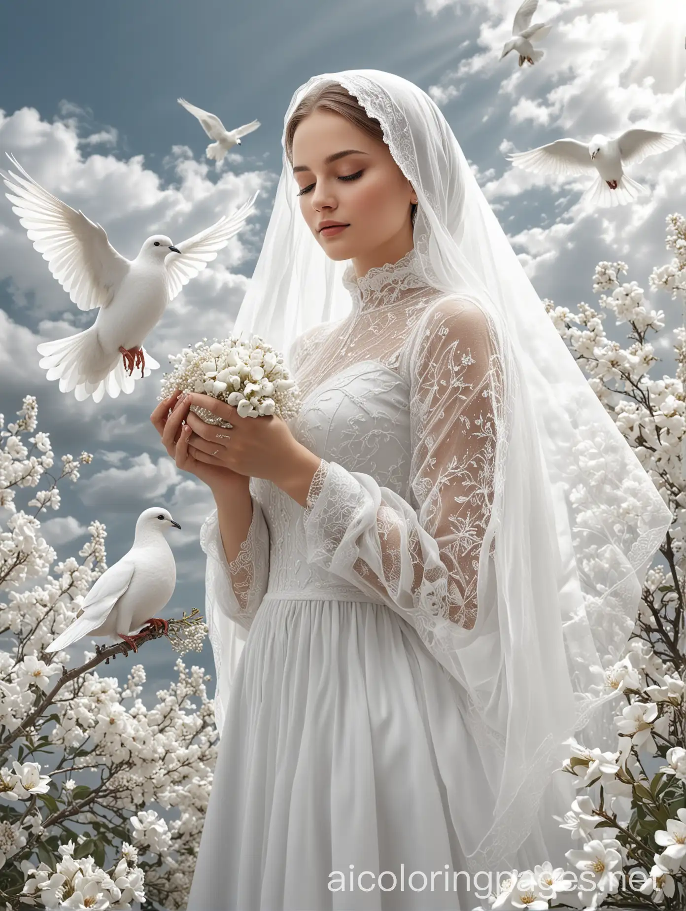 A beautiful veiled girl wearing a long white veil.  She puts some grains in her hand, and a beautiful white dove eats them.  In the background there are flowers.  And the sky is clear.  3D image , Coloring Page, black and white, line art, white background, Simplicity, Ample White Space.
