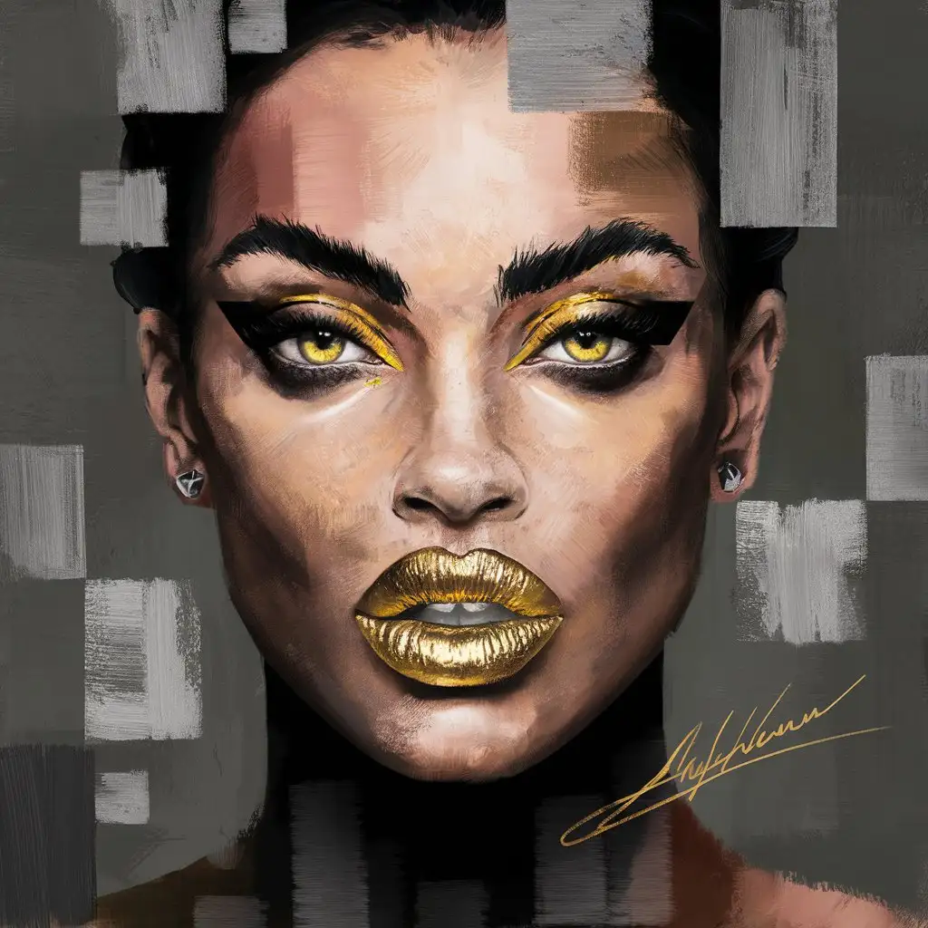 Create a striking, abstract portrait of a woman's face. The artwork features a close-up view of the woman's face, rendered in a mix of bold, textured brushstrokes. The color palette predominantly consists of deep blacks, vibrant yellows, and muted beiges. Her eyes are piercing and expressive, with a realistic quality that contrasts with the abstract elements surrounding them. The woman's lips are painted a metallic gold, adding a focal point of interest. The background and parts of her face are constructed with large, square brushstrokes, giving the piece a fragmented and modern feel. The overall style is a blend of realism and abstract expressionism, with heavy use of texture and contrasting colors to create a powerful visual impact. The artist's signature is visible in the bottom right corner