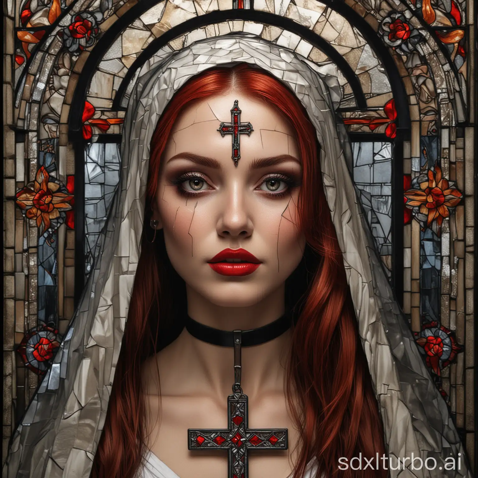 A full bodied mesmerizing pretty nun w/ long red hair&red holy tattoos,holding a titanium cross,wearing a banded hair scarf&red lipstick,in bg is a complex reflective mosaic made from stained glass window&jagged black glass.Her eyes have a captivating gaze,her lips painted in vivid hues that contrast beautifully against her skin tone.Designed by KarmaNinja Shards of light enhances her mysterious expression on her face.Lower right artist signature 'A.Peltola'
