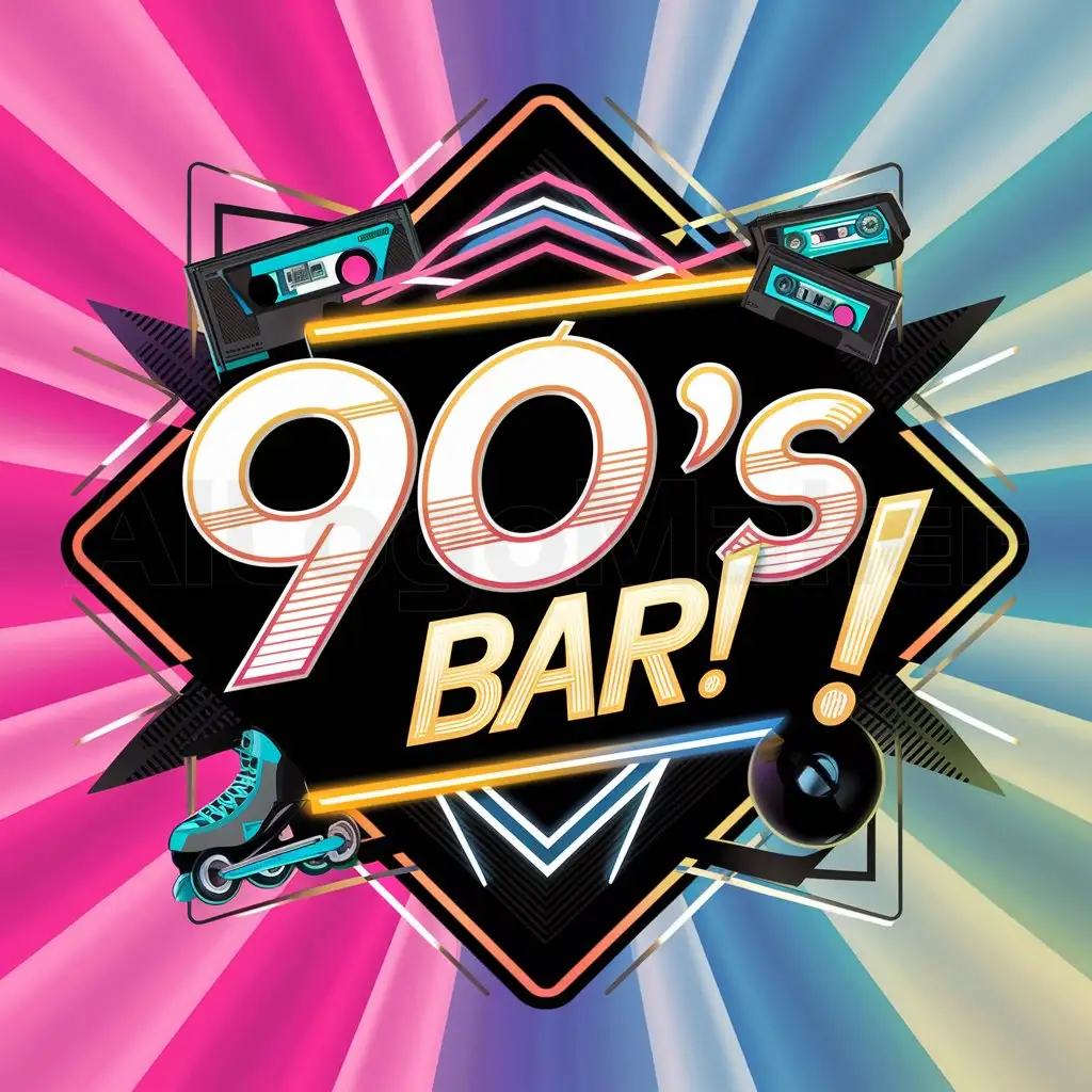 a logo design,with the text "90's", main symbol: Design a logo with the text "90's", featuring a neon-lit bar theme from the 90's with geometric patterns and iconic 90's elements such as cassette tapes, rollerblades, and popular bar accessories. The background should have a gradient design with vibrant pink, blue, and yellow hues. Include large retro-style text that reads "90's Bar!" in a fun and playful manner. Suitable for use in the restaurant industry, clean layout.,complex,clear background