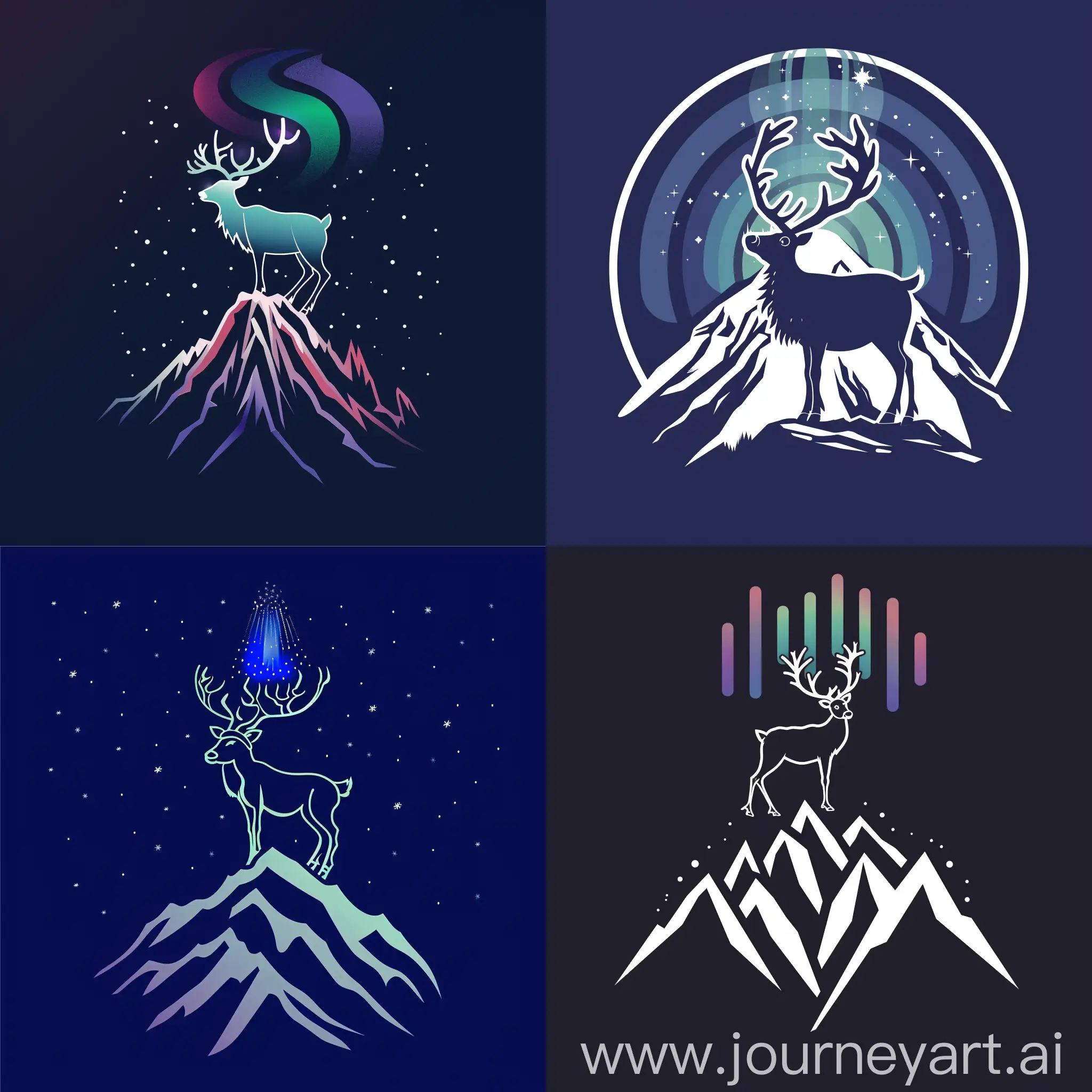 A logo with a reindeer standing on a mountain, and the northern lights on top
