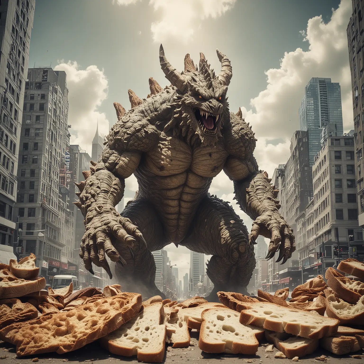 Giant Sourdough Bread Monster Rampages Cityscape