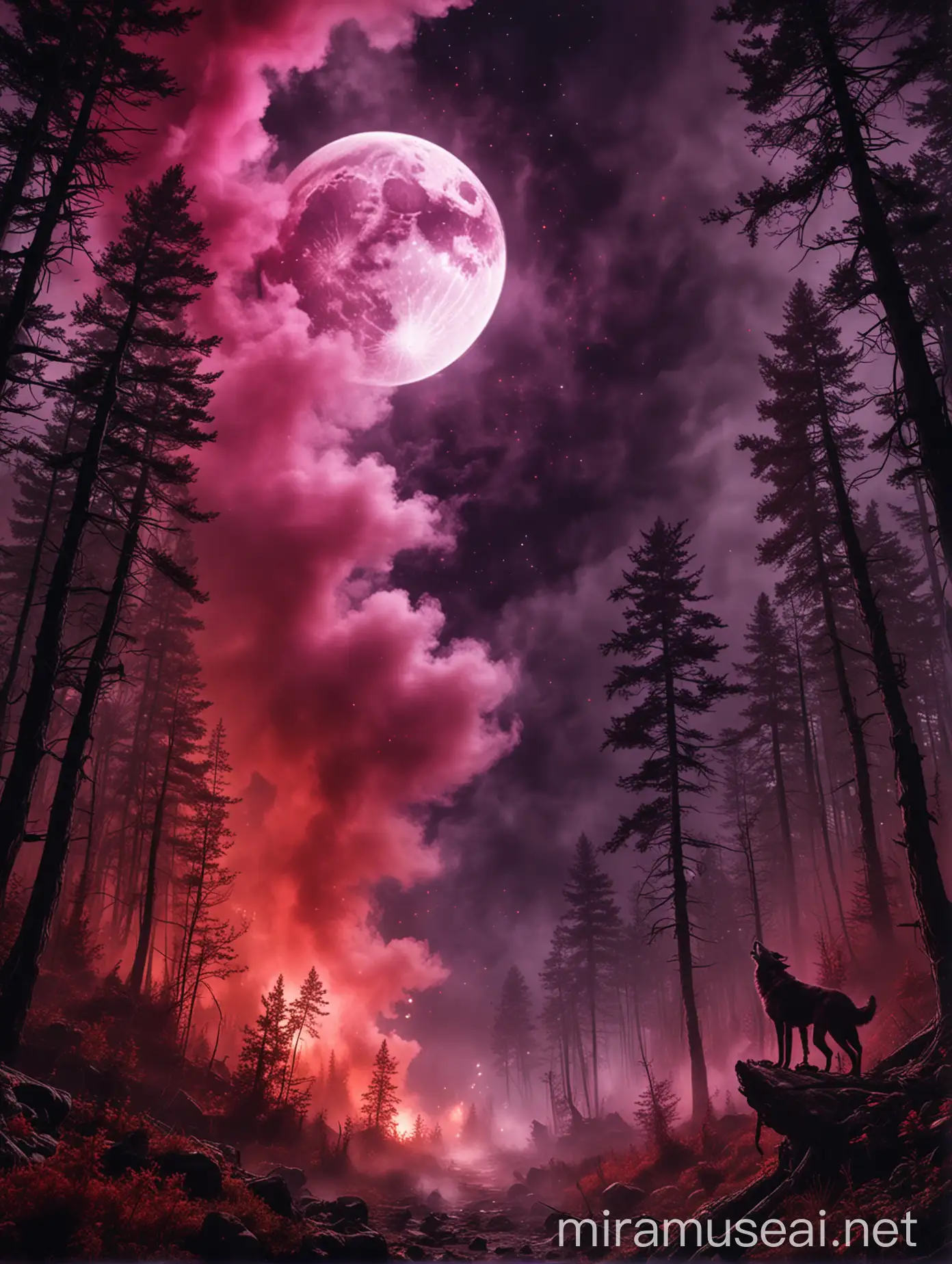 A moon in the sky with darkness around, and red and purple smoke engulfing everywhere in the forest, with werewolves emerging out