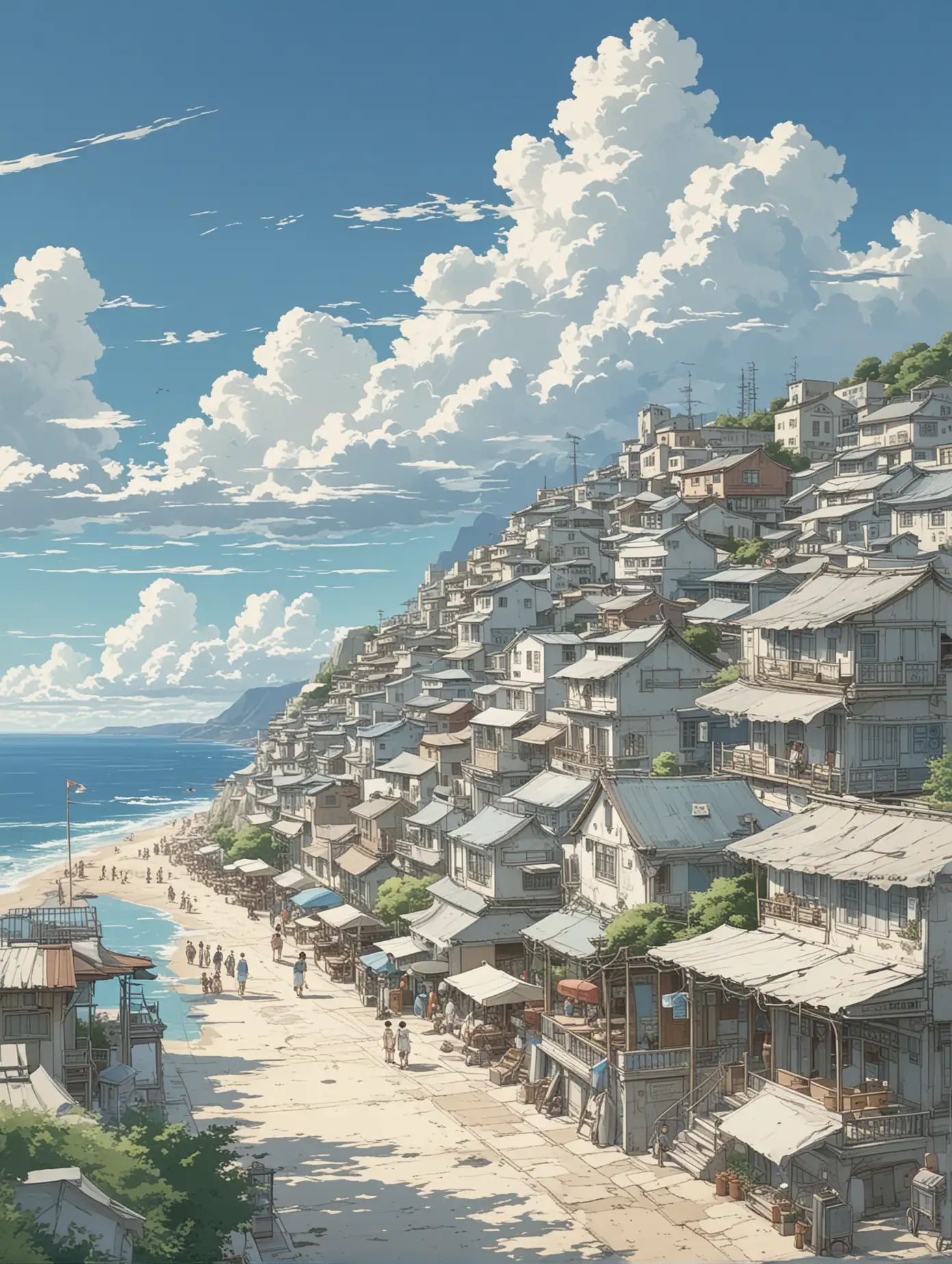 Miyazaki Hayao style, blueprint, white clouds, seaside city, summer day