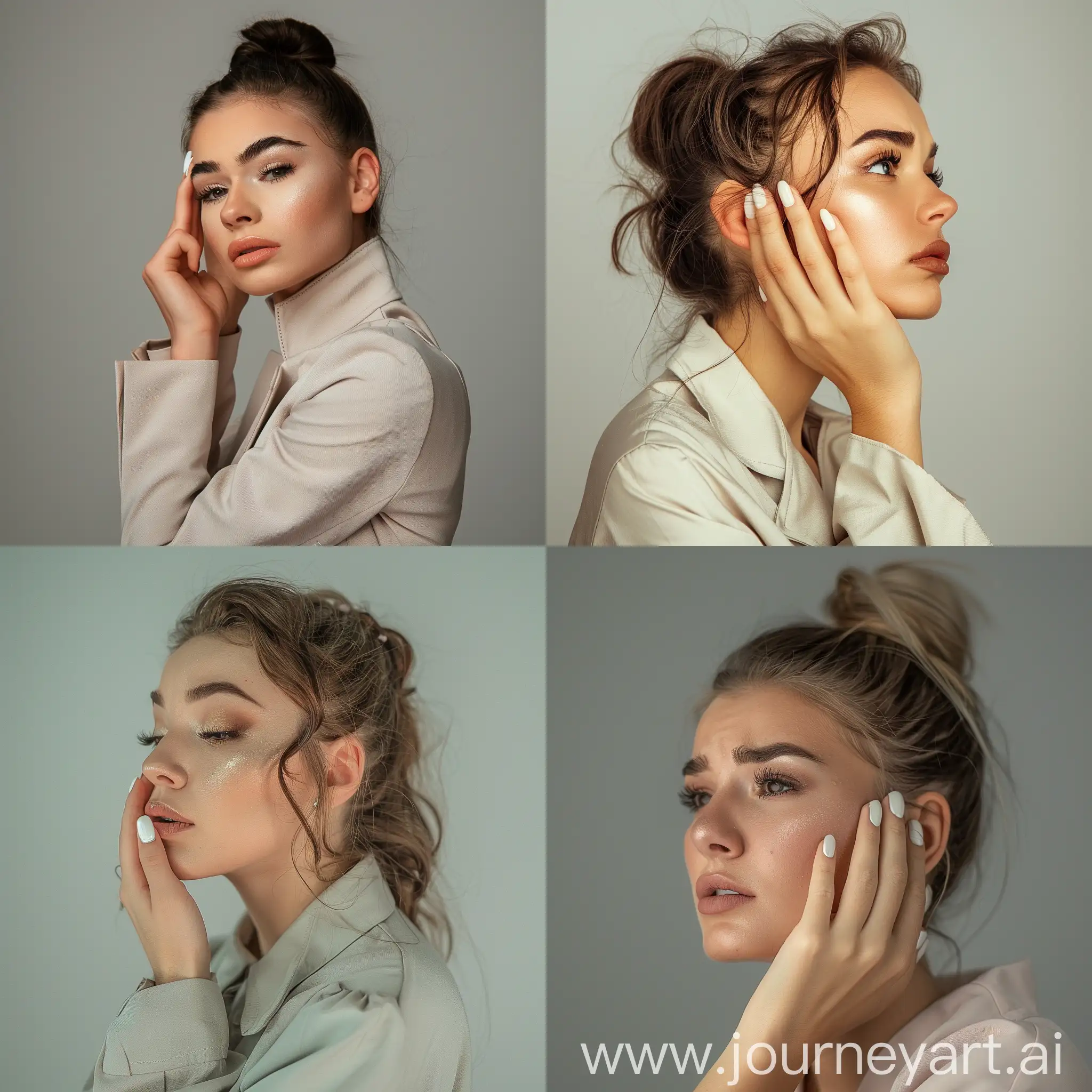 Professional photograph of a young woman in light academia clothing, about to breakdown and cry, gorgeous, super model, profile shot, one hand on cheek, white gel nail polish, studio lighting , light brown lipstick, makeup, bushy eyebrows 