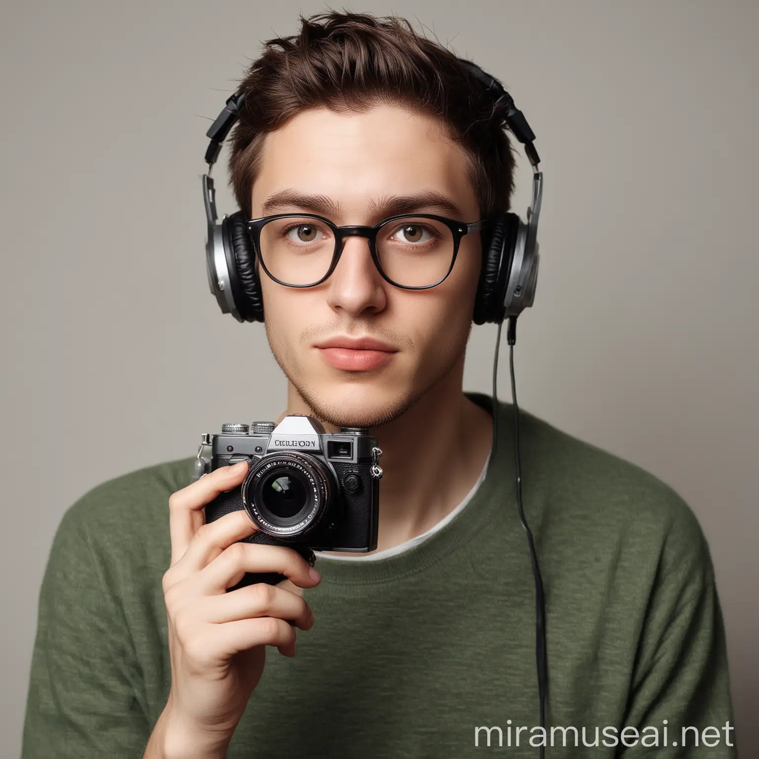 Young Adult Engaged in Photography Cinema and Podcasts