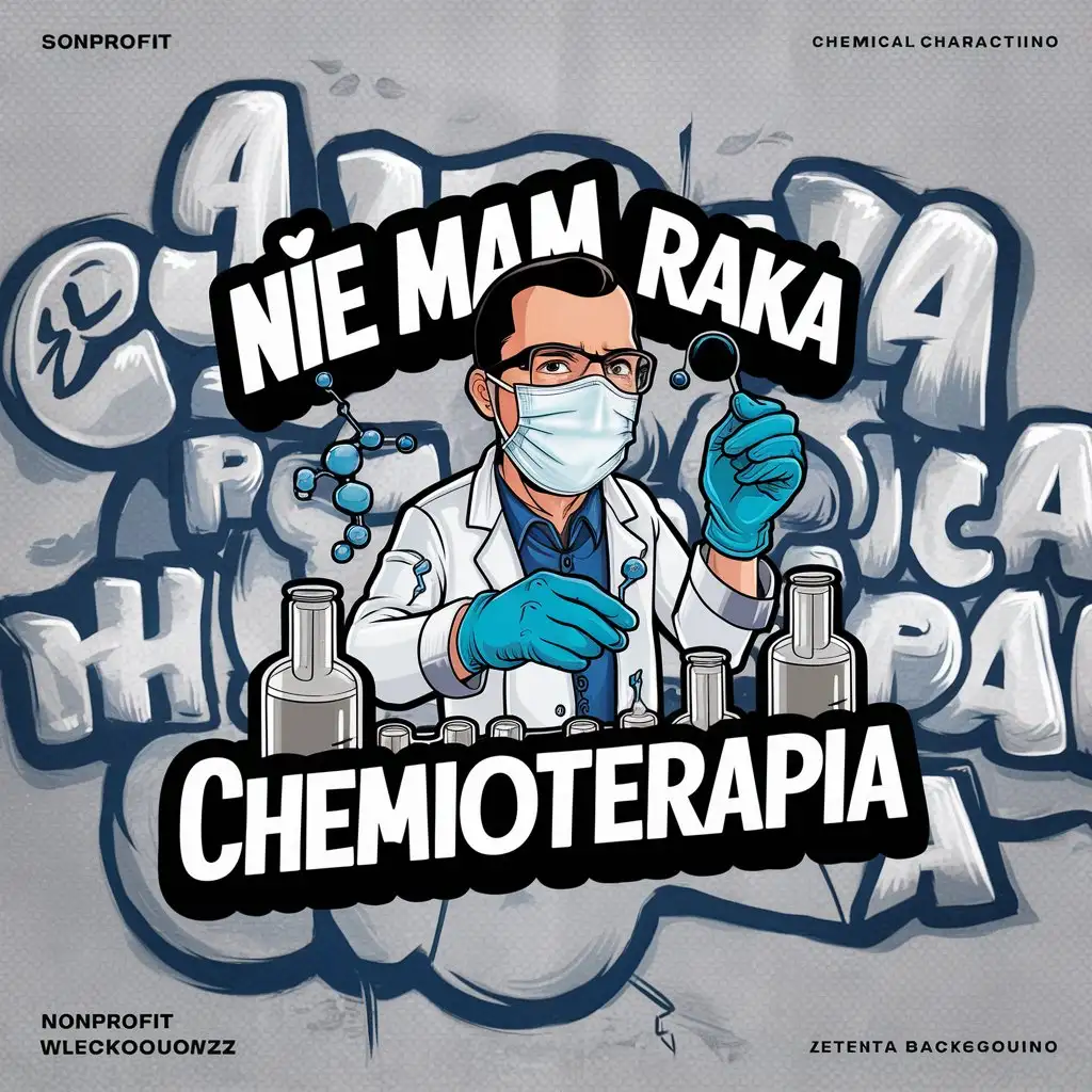 a logo design,with the text "NIE MAM RAKA", main symbol:a logo design, with the text 'CHEMIOTERAPIA', main symbol:character in mask, glasses, latex gloves and white coat prepares chemical recipe behind behind and around chemical ampoules and graffiti Polish inscription Bubble Style: 'A, POL ZYCIA CHEMIOTERAPIA' crazy dill man funny animation, Moderate, be used in Nonprofit industry.clear background all in the style of the GTA game, animation,Moderate,clear background