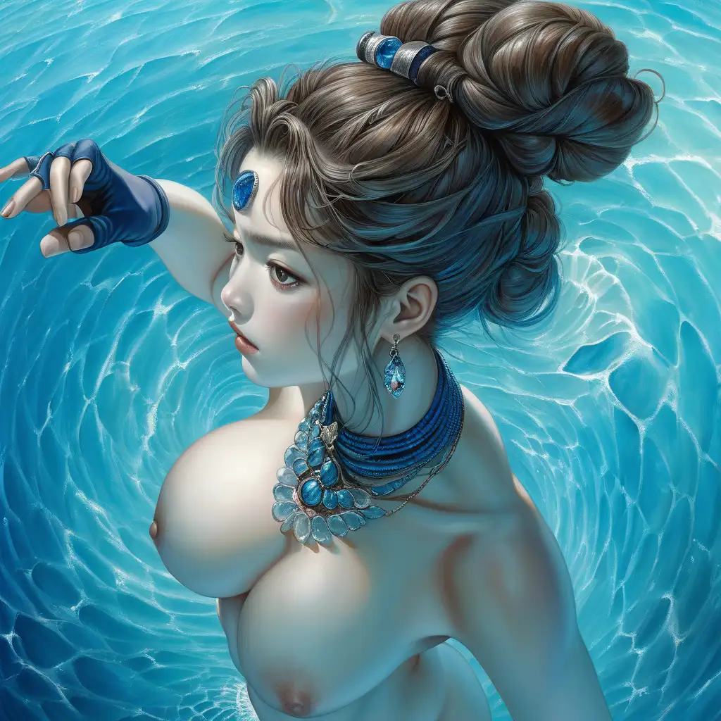 An long Woman,  Karate,The woman's body parts such as chest, thigh, stomach, and abdomen are visible.
Atoll,An aerial view of a mesmerizing blue hole in the vast expanse of the ocean's crystal-clear waters.
, Twisted Bun hairstyle Wearing Fingerless gloves, 
Axinite Jewelry,  Necklace, Rings and earrings.Duergar woman painterly smooth, extremely sharp detail, finely tuned, 8 k, ultra sharp focus, illustration, illustration, art by Ayami Kojima Beautiful Thick Sexy Duergar women 