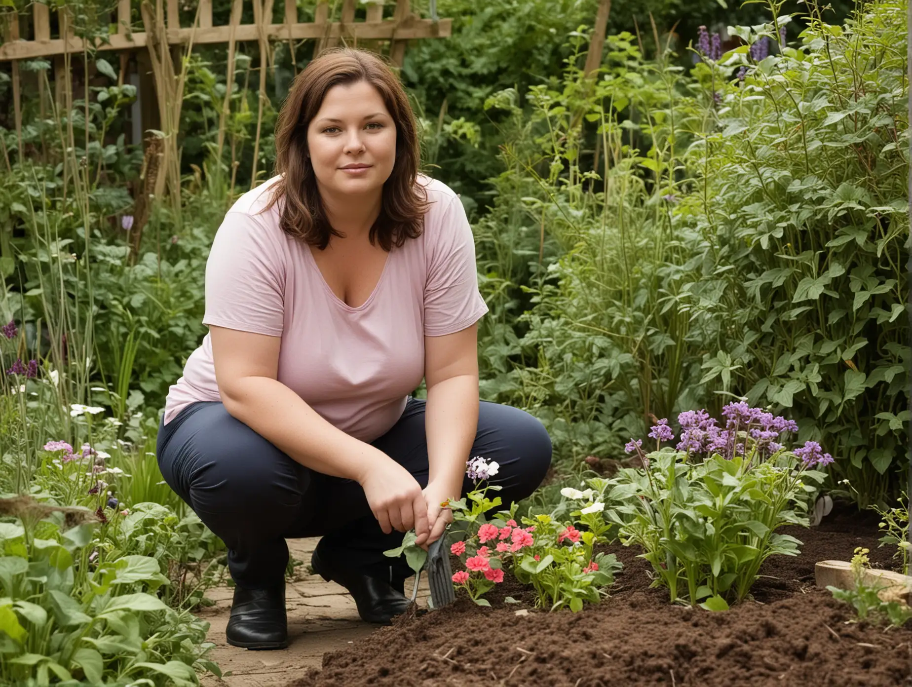 create a moderately obese 35 year old woman working in her garden for relaxation