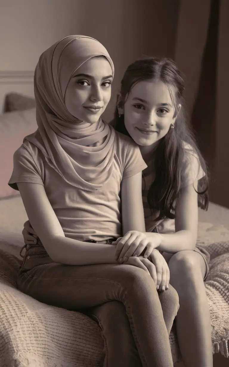 2 innocent girls.  14 years old. She wears a hijab, skinny t-shirt, skinny jeans,
She is beautiful. She sits on the bed.
Side eye view, petite, plump lips.  Elegant, pretty