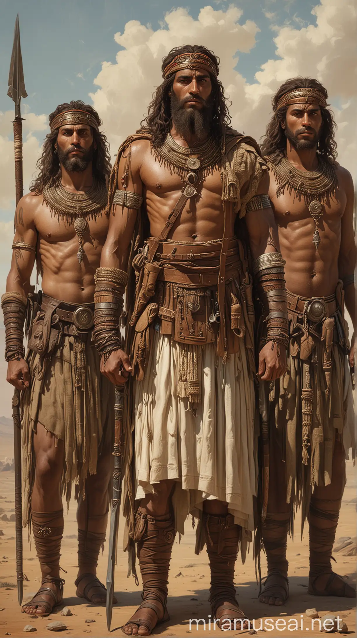 Ara a jewish warrior standing proudly with his brothers, Jephunneh and Pispah, each displaying distinct warrior attributes. The bond and respect among them are evident."