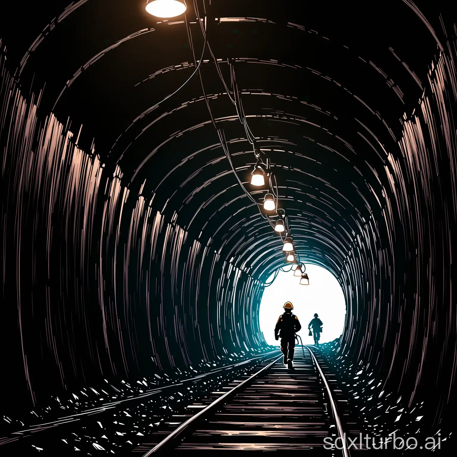 A tunnel, the left wall is a huge 'Safety Production Manual', the right wall is a huge 'Emergency Manual', there are hanging lamps on the top, there are many cables, coal blocks scattered on the ground, and the silhouette of a miner is walking along the tunnel towards the outside.